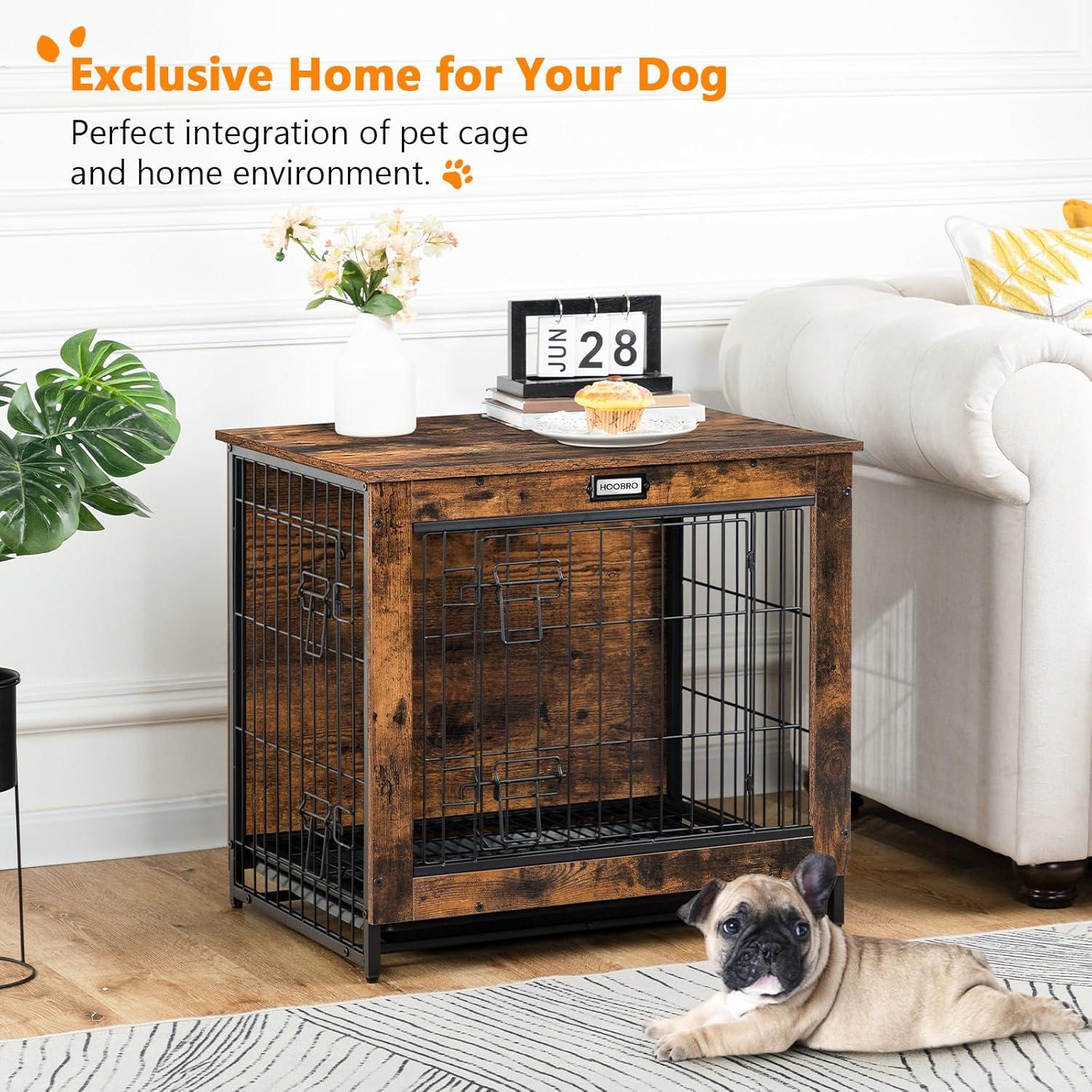 Rustic Brown Small Wooden Dog Crate Table with Double Doors