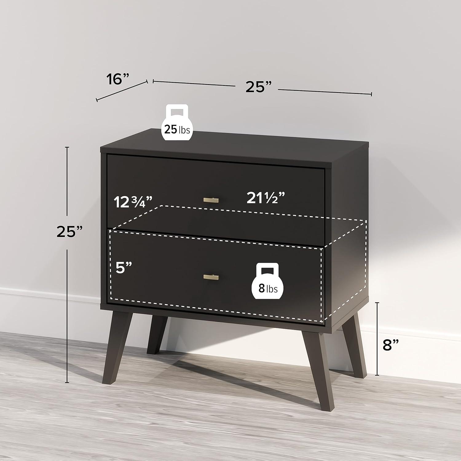 Mid Century Modern 2 Drawer Wide Nightstand Black - Prepac: Sleek Bedside Furniture, Tapered Legs