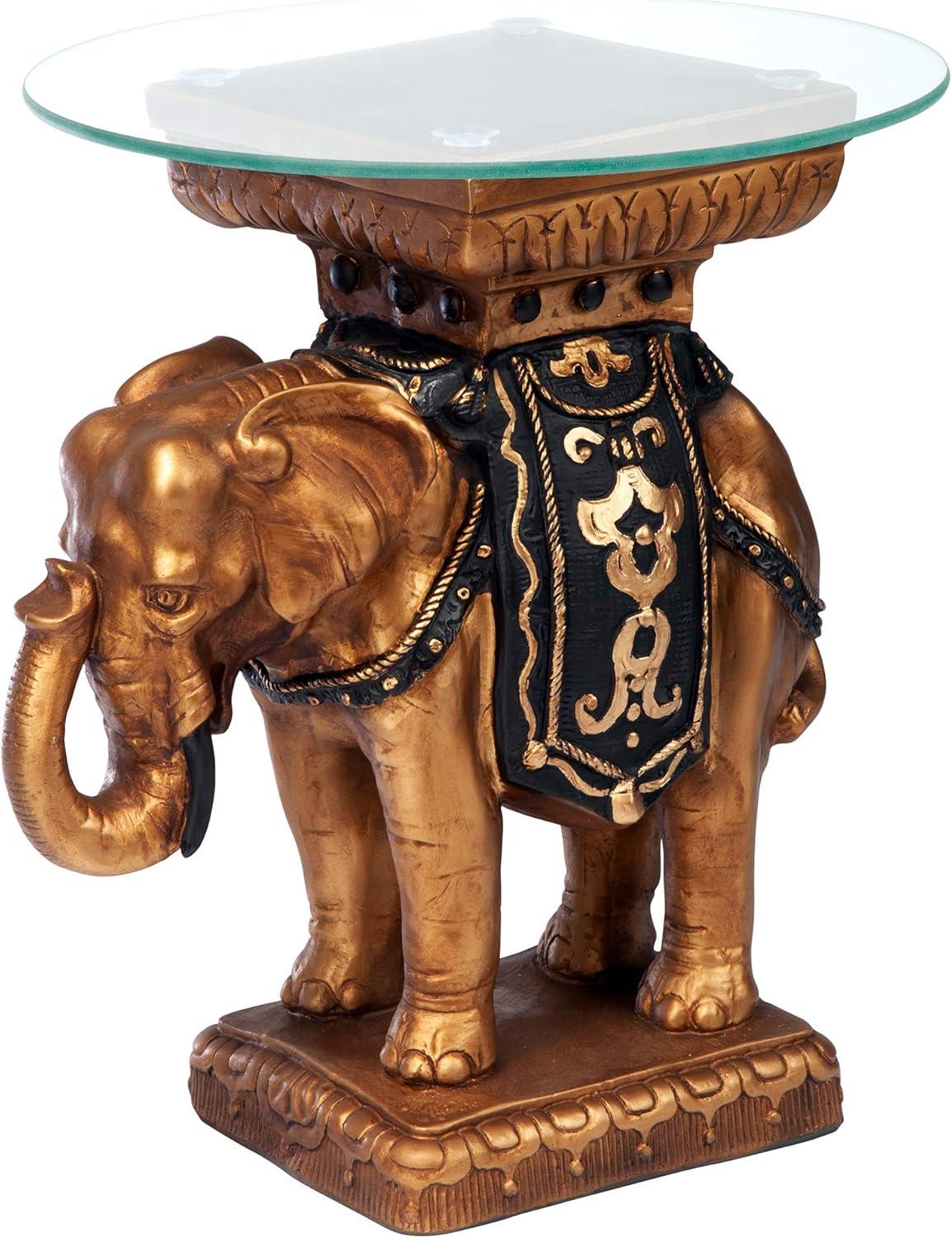 Majestic Maharajah Elephant 18" Glass-Topped Side Table in Black and Gold