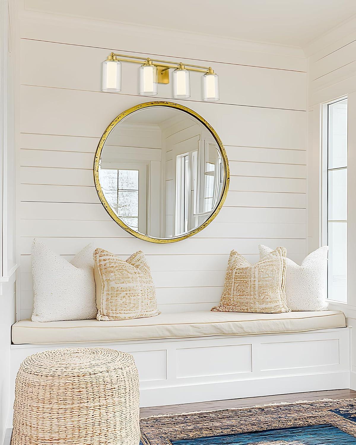 4 Light Bathroom Vanity Light, HWH Brushed Gold Vanity Lights for Bathroom Brass Bathroom Light Fixtures Clear Glass, Dimmable LED Vanity Lights for Mirror 24W 5CCT, 5HLT63B-4W-LED BG