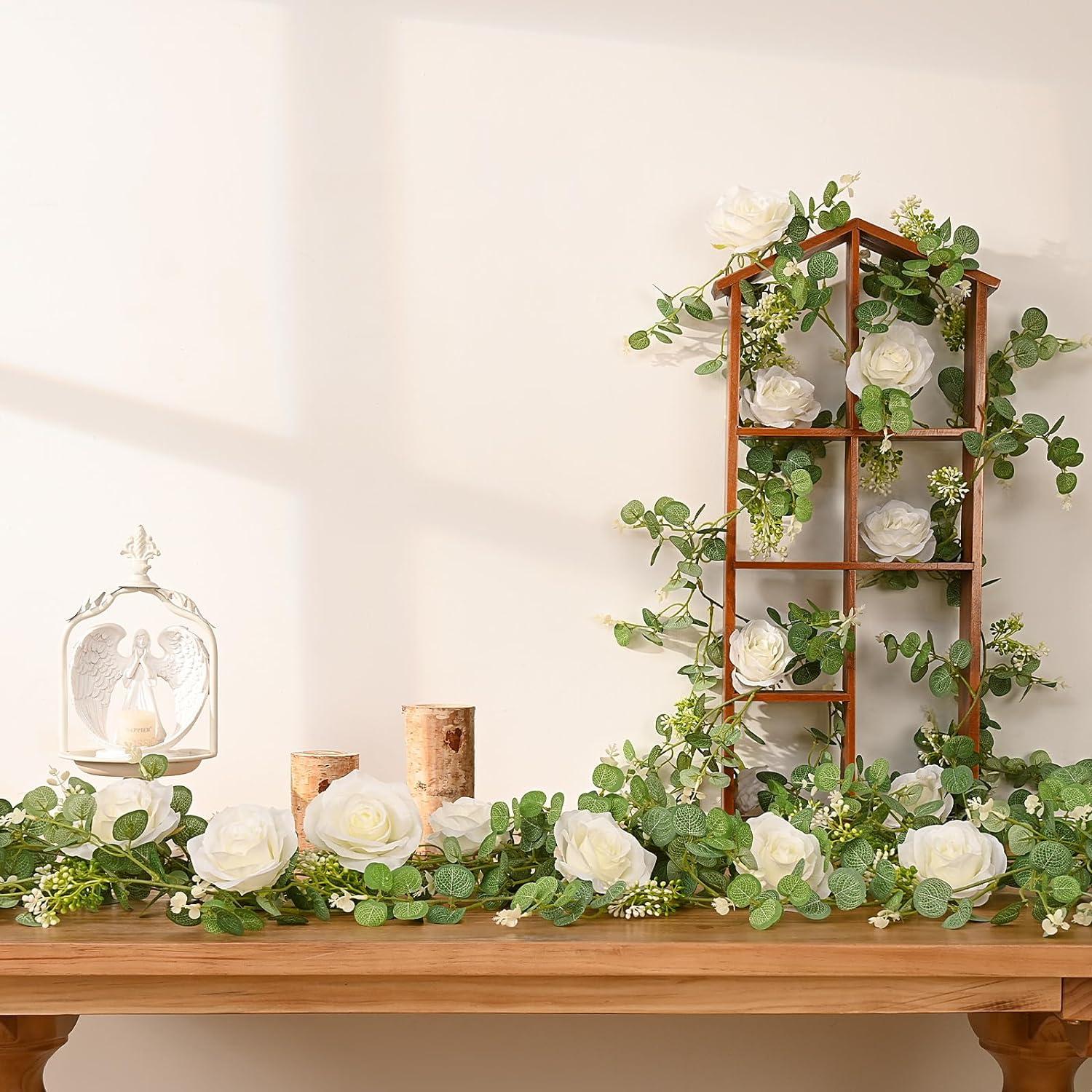 13Ft White Rose and Eucalyptus Artificial Garland Set