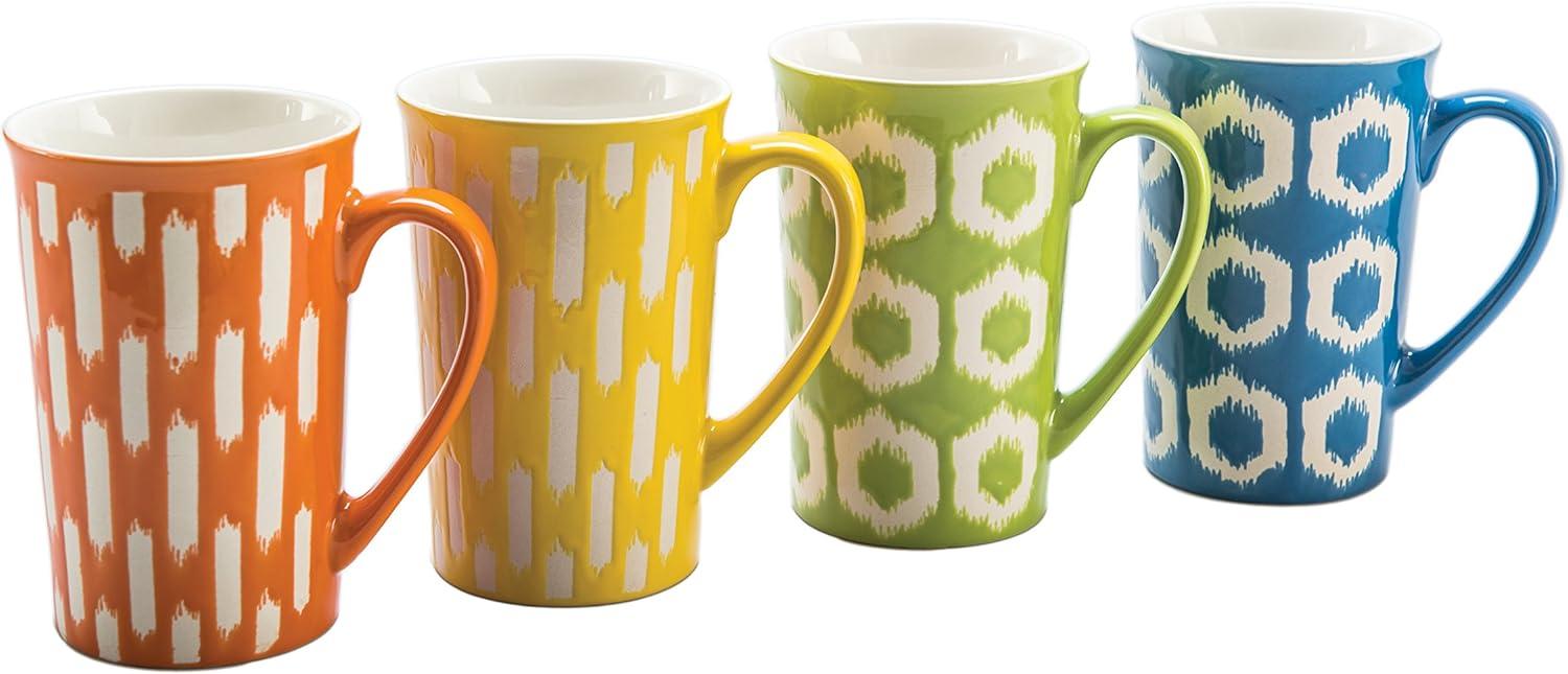 Assorted Color Ceramic Ikat Pattern Mugs, Set of 4