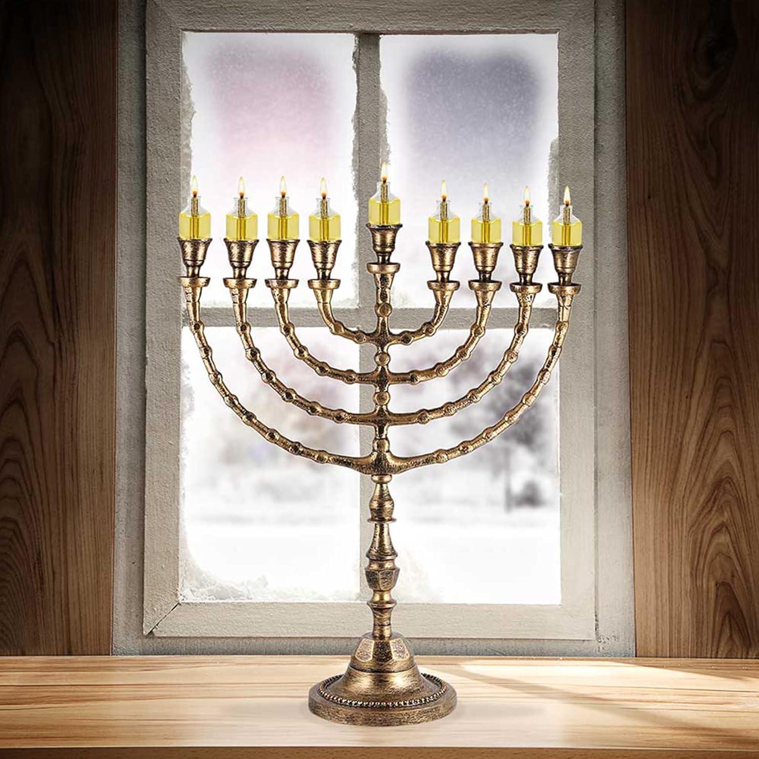 Zion Judaica Extra Large Traditional Chanukah Menorah use with Thick Shabbat Candles or Oil Cups Antique Gold Hanukkah Minorah for Shul, Synagogue, Temple 21" Tall Large Candle Chanukiah