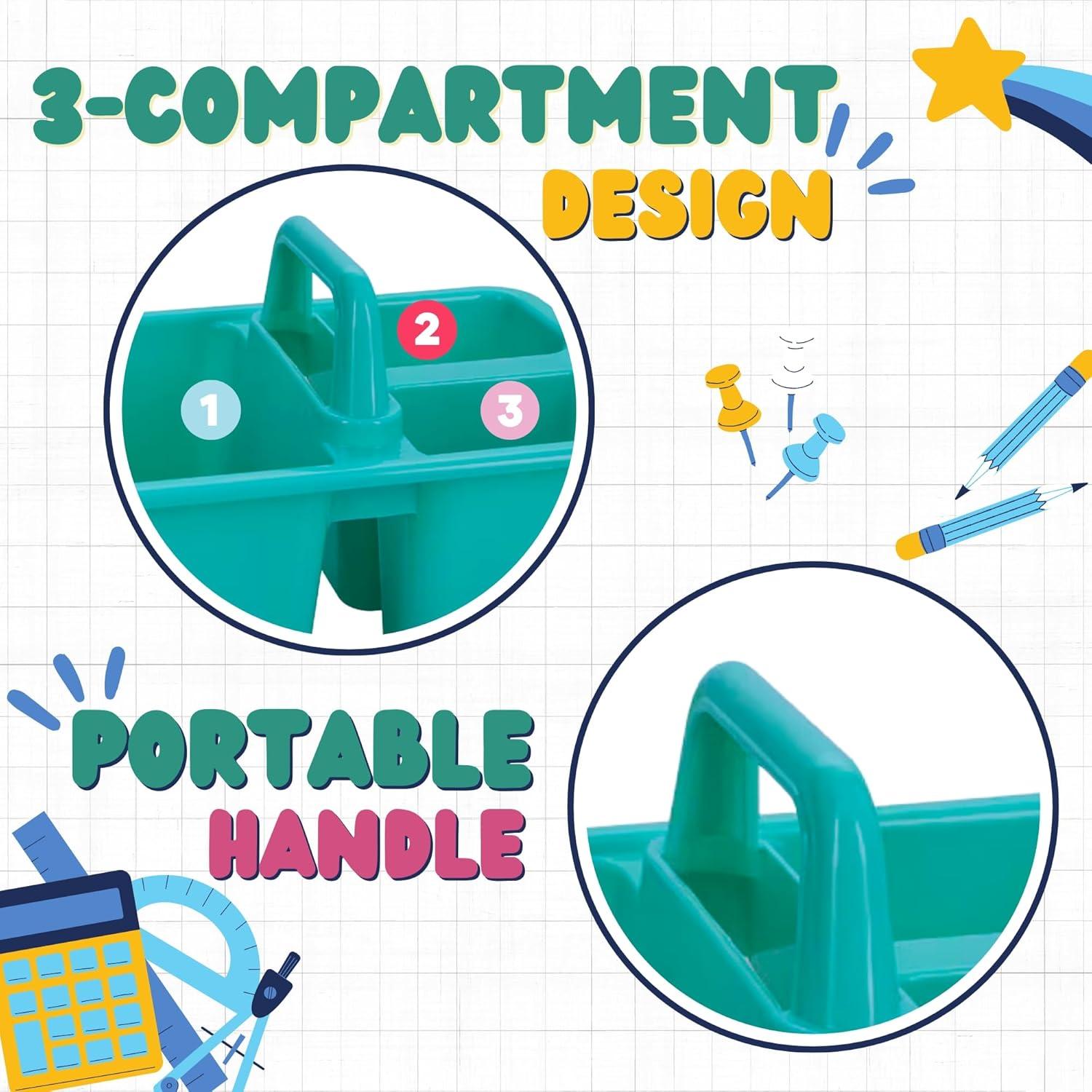 Kids Arts & Crafts Small Plastic Caddies with Handles, 3 Compartments, Assorted Colors, 4-ct Set