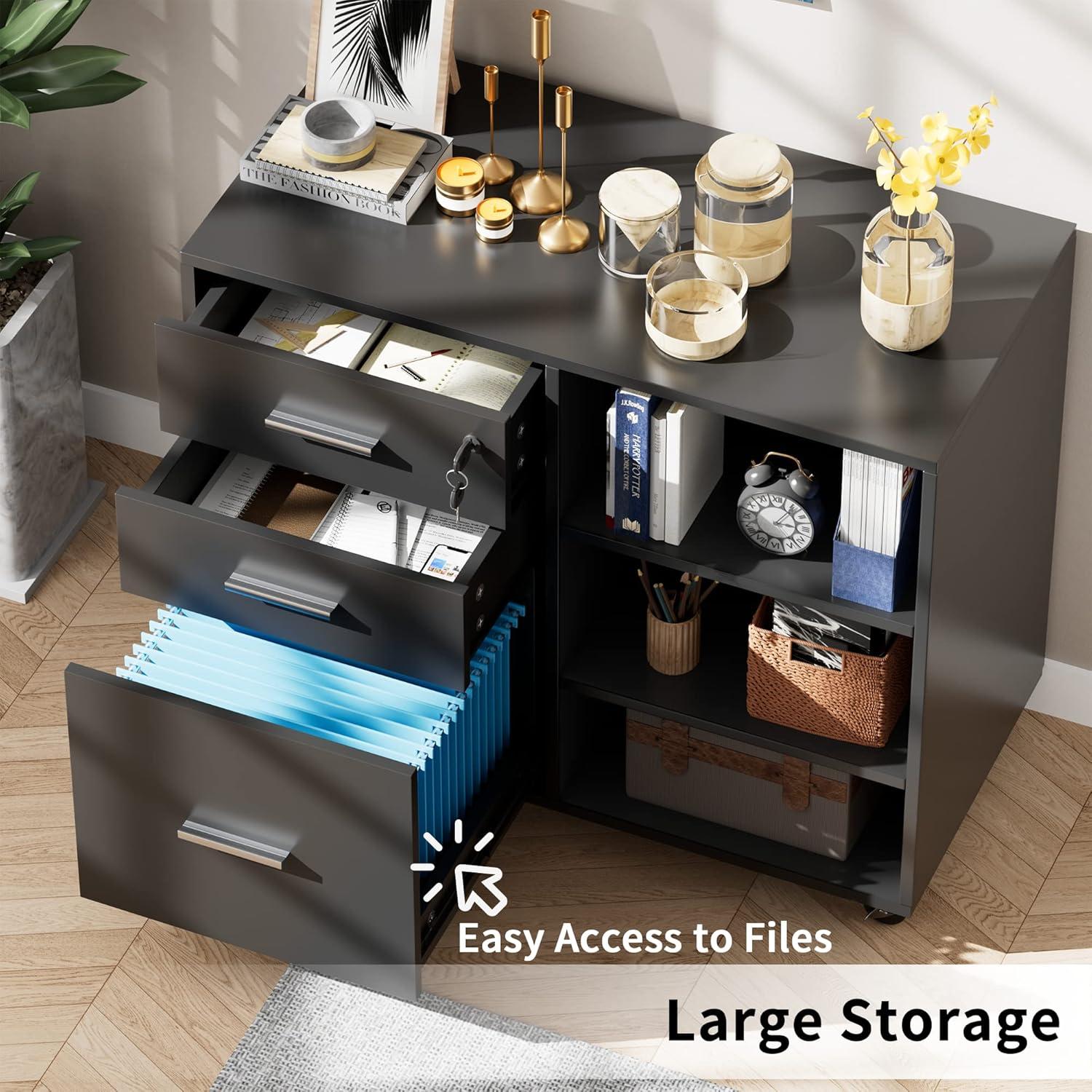 Black Wood Office Filing Cabinet with Adjustable Shelves and Lock