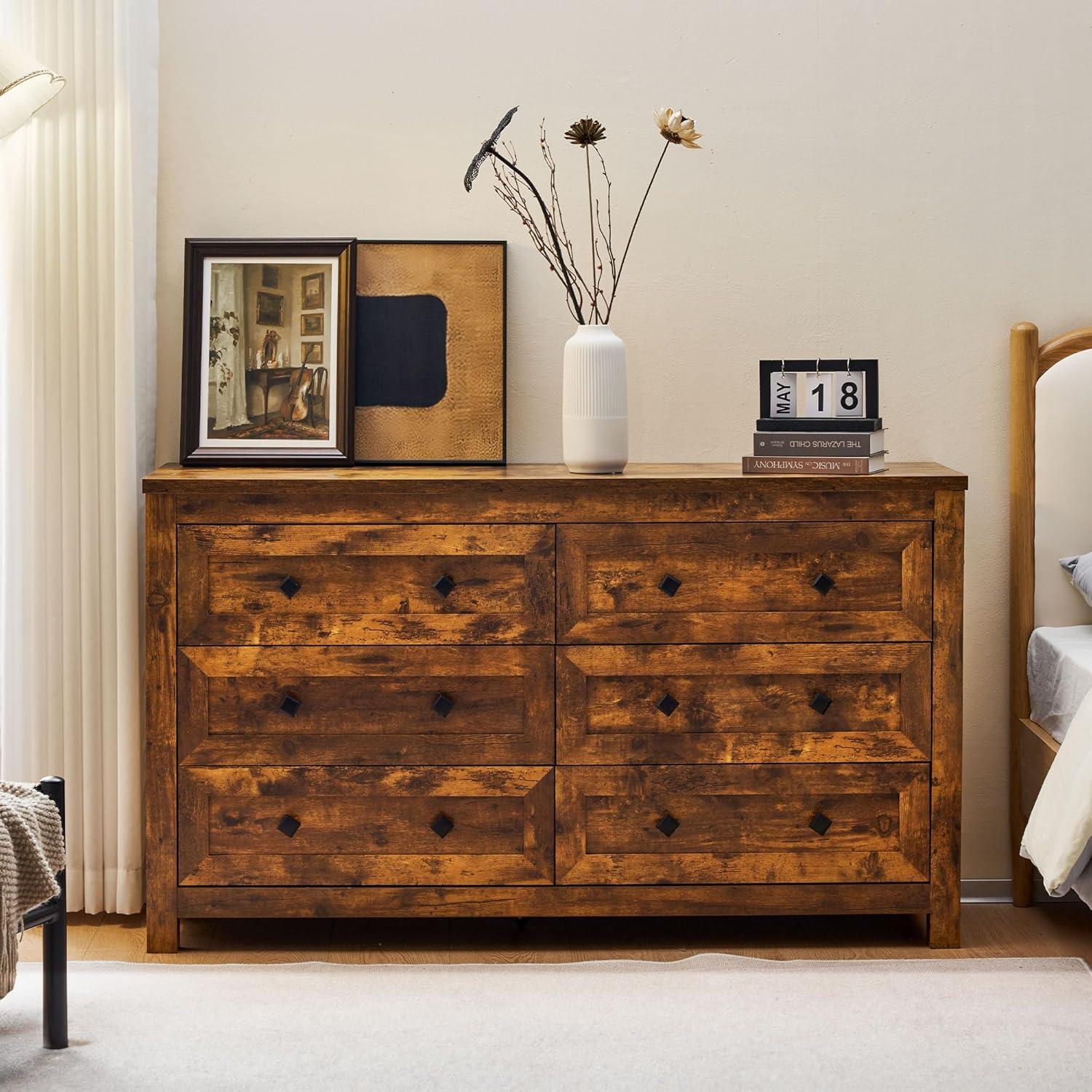 Rustic Brown Farmhouse 6-Drawer Solid Wood Dresser