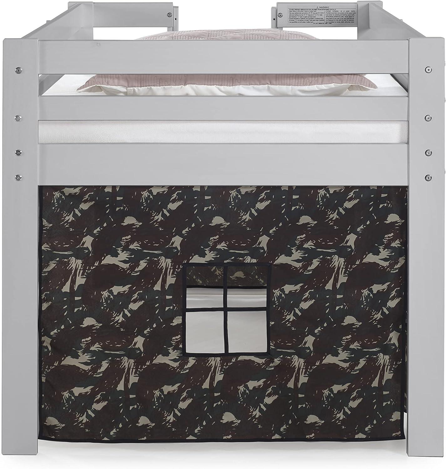 Alaterre Jasper Twin Junior Loft Bed, Dove Gray Frame and Green Camouflage Bottom Playhouse Tent