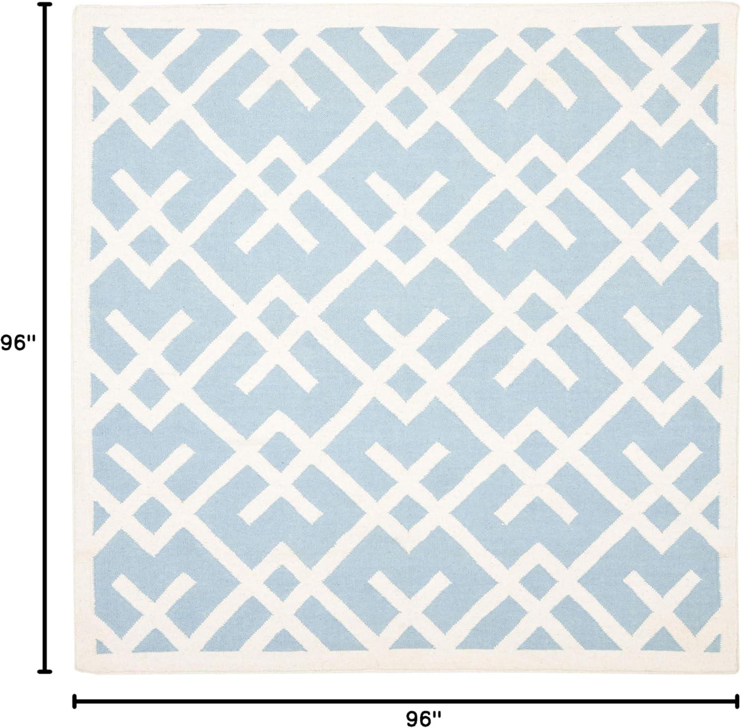 Ivory and Light Blue Geometric Wool Square Rug, 8' x 8'