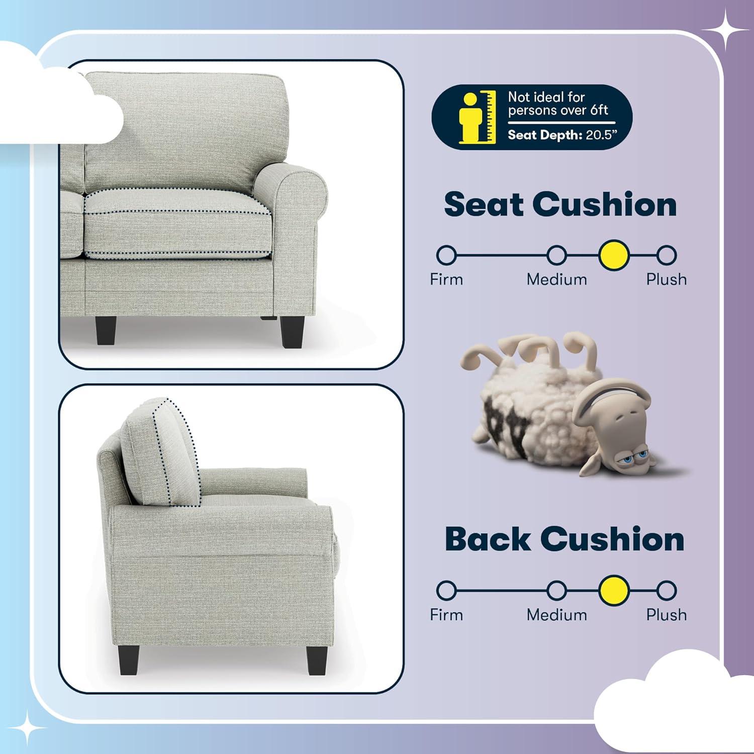 Serta Copenhagen 61" Rolled Arm Sofa, Easy Care Fabric, Soft Pillow Back, Pocket Coil Seat Cushions