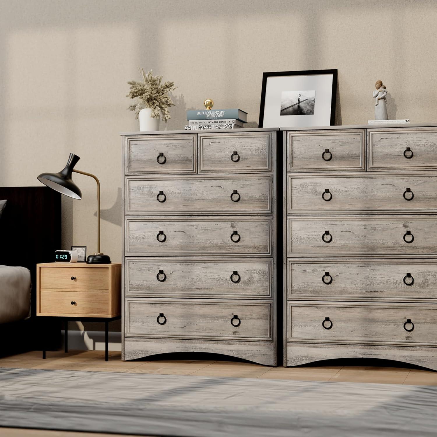 6 Drawer Dresser, Tall Wood Chest of Drawers Dressers for Bedroom, Living Room, Gray