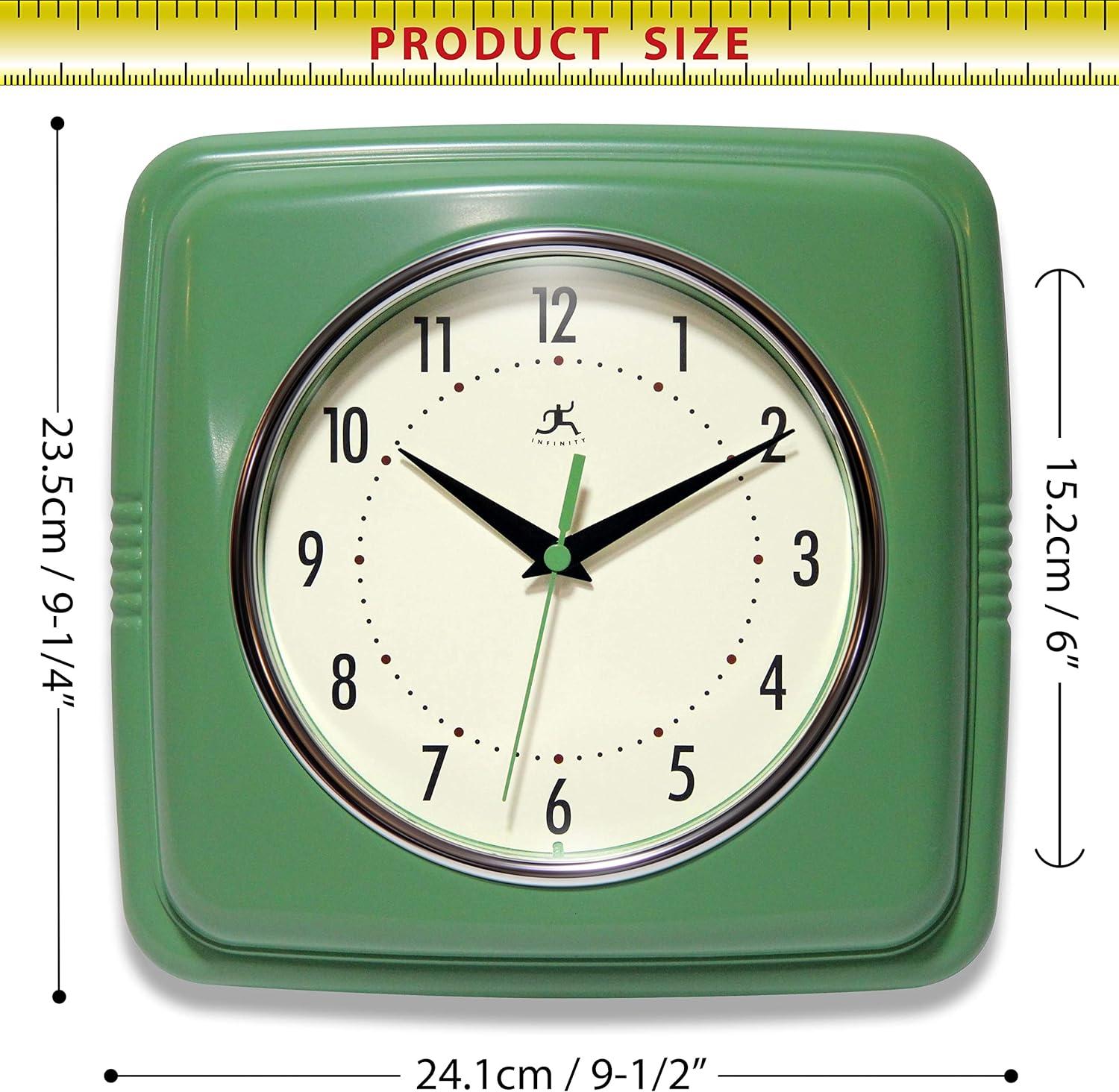 Green Retro Silent Square Kitchen Wall Clock with Quartz Movement