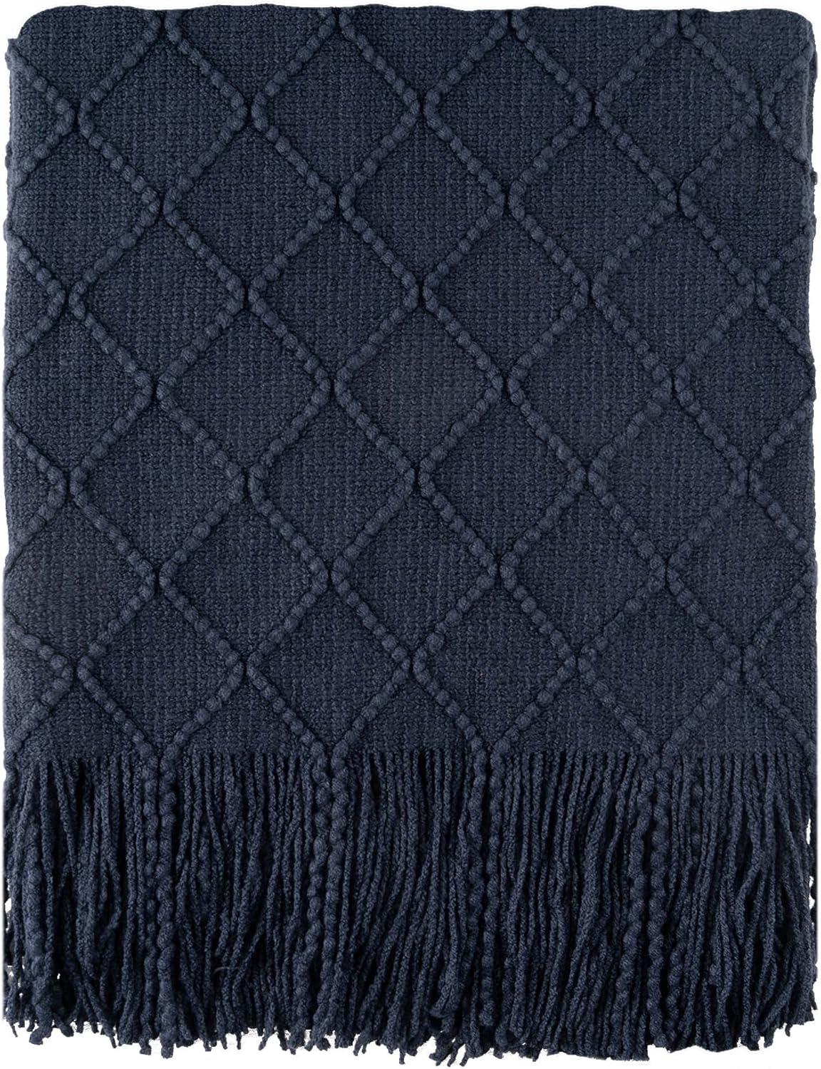 Battilo Navy Throw Blanket,Soft Lightweight Textured Decorative Blanket with Tassel, Housewarming Gifts,50"x60"