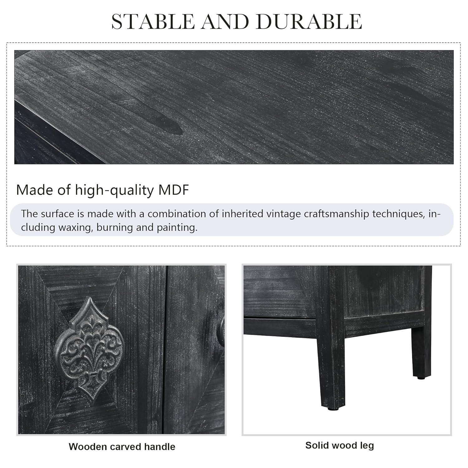 Sideboard Buffet Cabinet, Wooden Storage Cabinet with Carved Flower Door Handle, Retro Style Kitchen Sideboard Console Table for Living Room, Dining Room, Hallway, Entryway, Antique Black