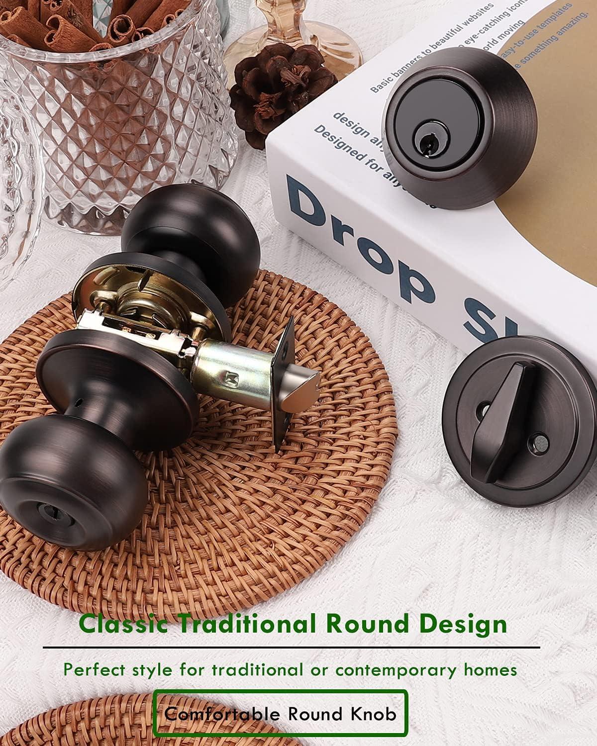 3 Pack Keyed Entry Door Knob Lockset and Single Cylinder Deadbolt Combination Set for Entrance and Front Door, Aged Oil Rubbed Bronze, Keyed Alike