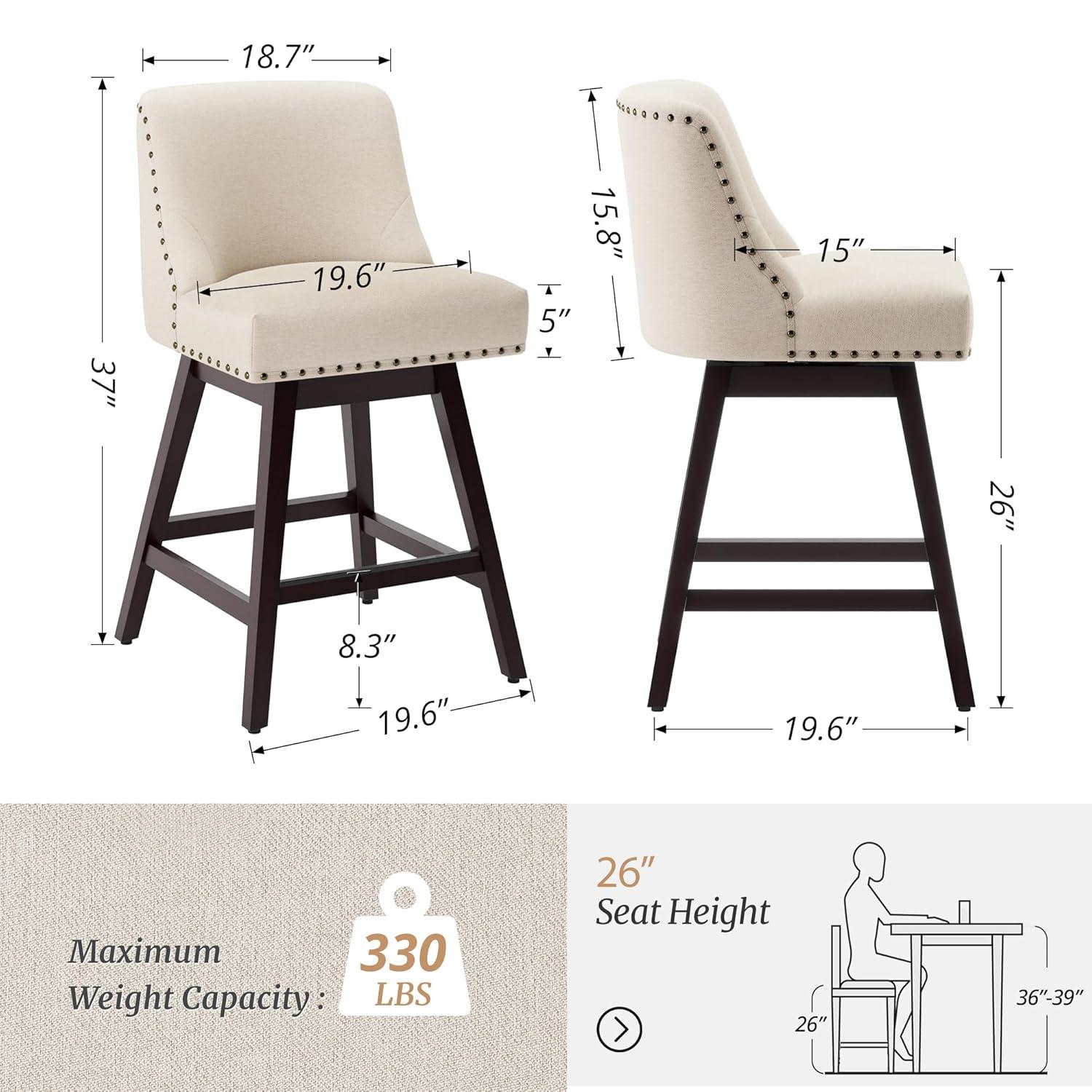 Zoi 26 in. Wood 360 Free Swivel Upholstered Bar Stool with Back, Performance Fabric in Linen. (Set of 3)