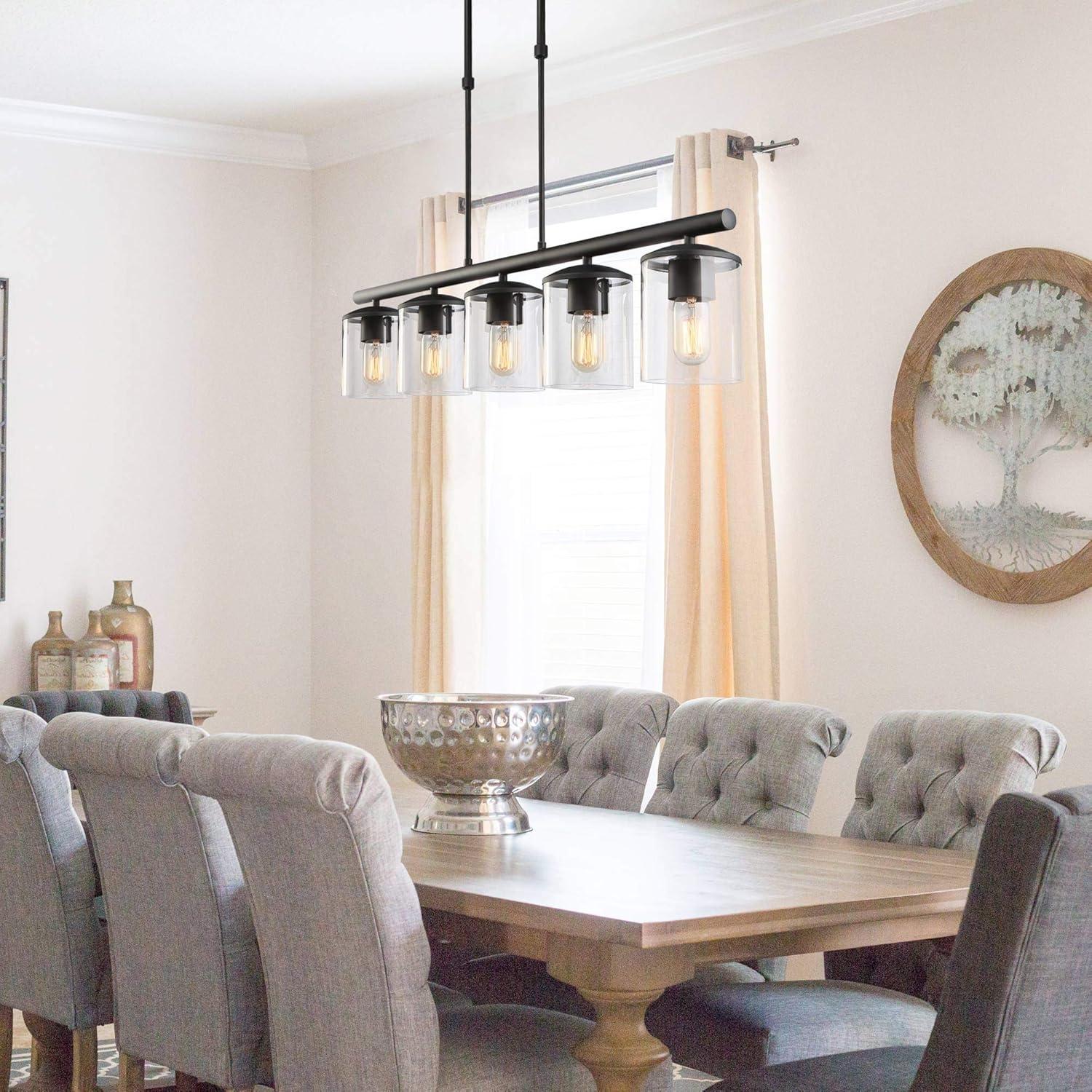 Black Farmhouse Linear Chandelier with Glass Shades, 37"