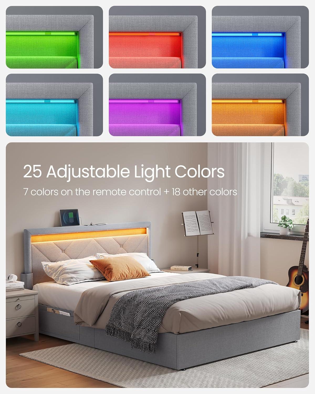 Queen Size LED Bed Frame with Headboard and 4 Drawers Storage Adjustable Upholstered Headboard 1 USB Port and 1 Type C PortNo Box Spring Needed Light Grey