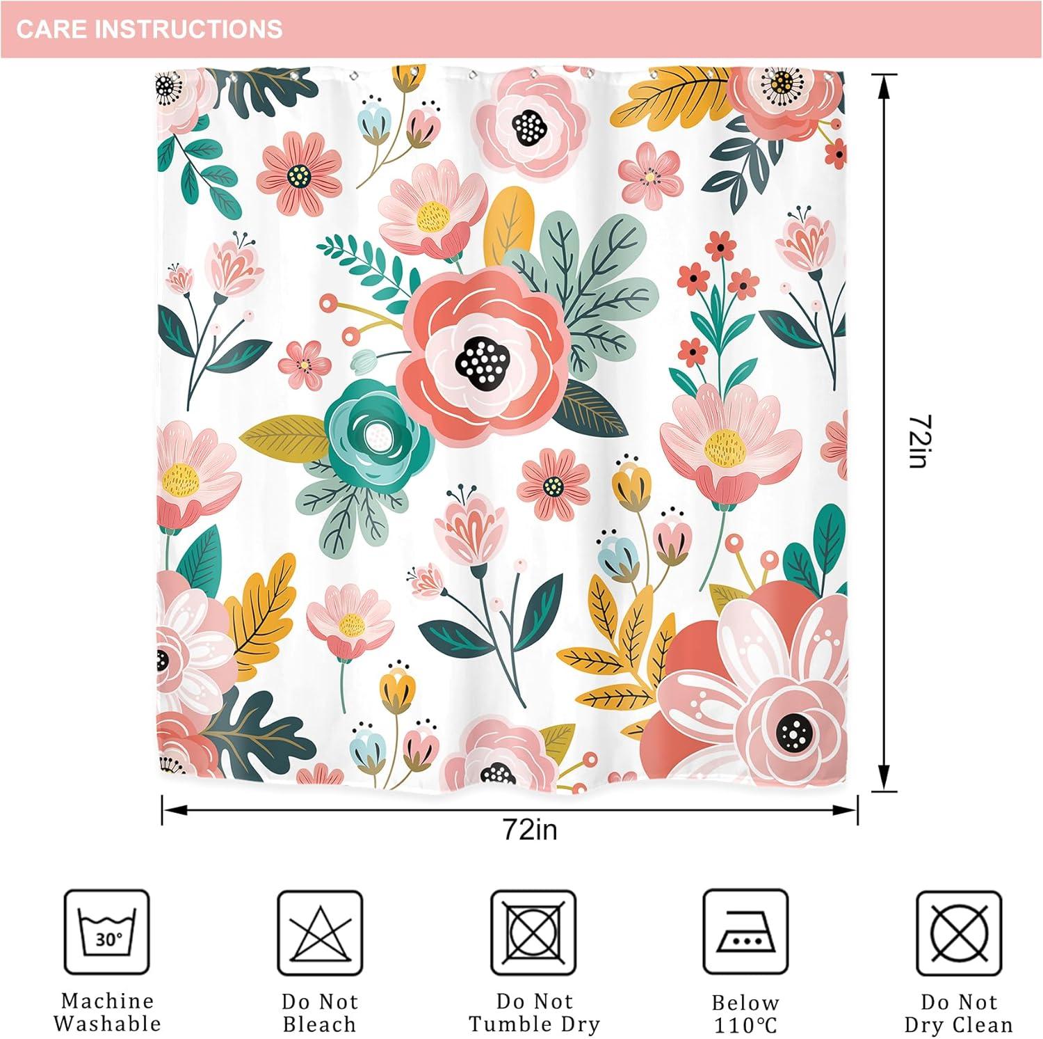 Red Barrel Studio® Pink Floral Shower Curtain For Bathroom Decor 72Wx72h Watercolor Colorful Flower Tropical Leaves Spring Botanical Sage Green Art Printed Fabric Polyester Waterproof 12 Pack Plastic Hooks