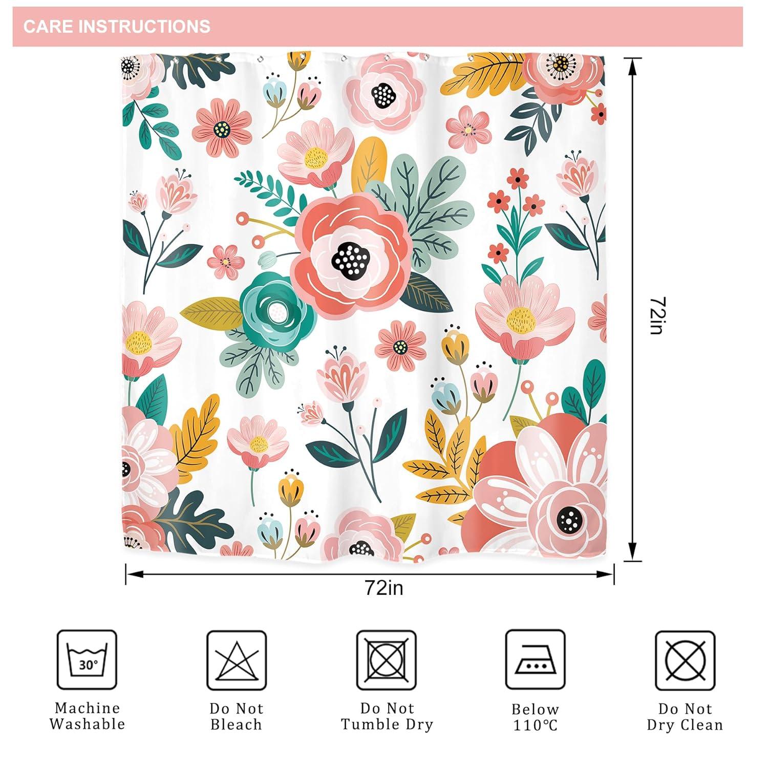 Red Barrel Studio® Pink Floral Shower Curtain For Bathroom Decor 72Wx72h Watercolor Colorful Flower Tropical Leaves Spring Botanical Sage Green Art Printed Fabric Polyester Waterproof 12 Pack Plastic Hooks
