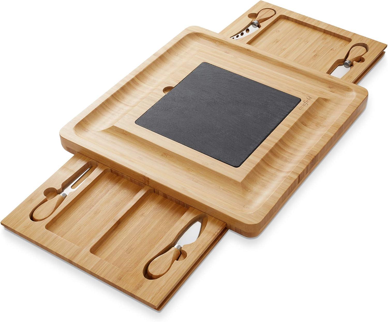 Casafield Bamboo Cheese Cutting Board with Removable Slate Cheese Plate, Stainless Steel Knives, and Slide-Out Snack Trays