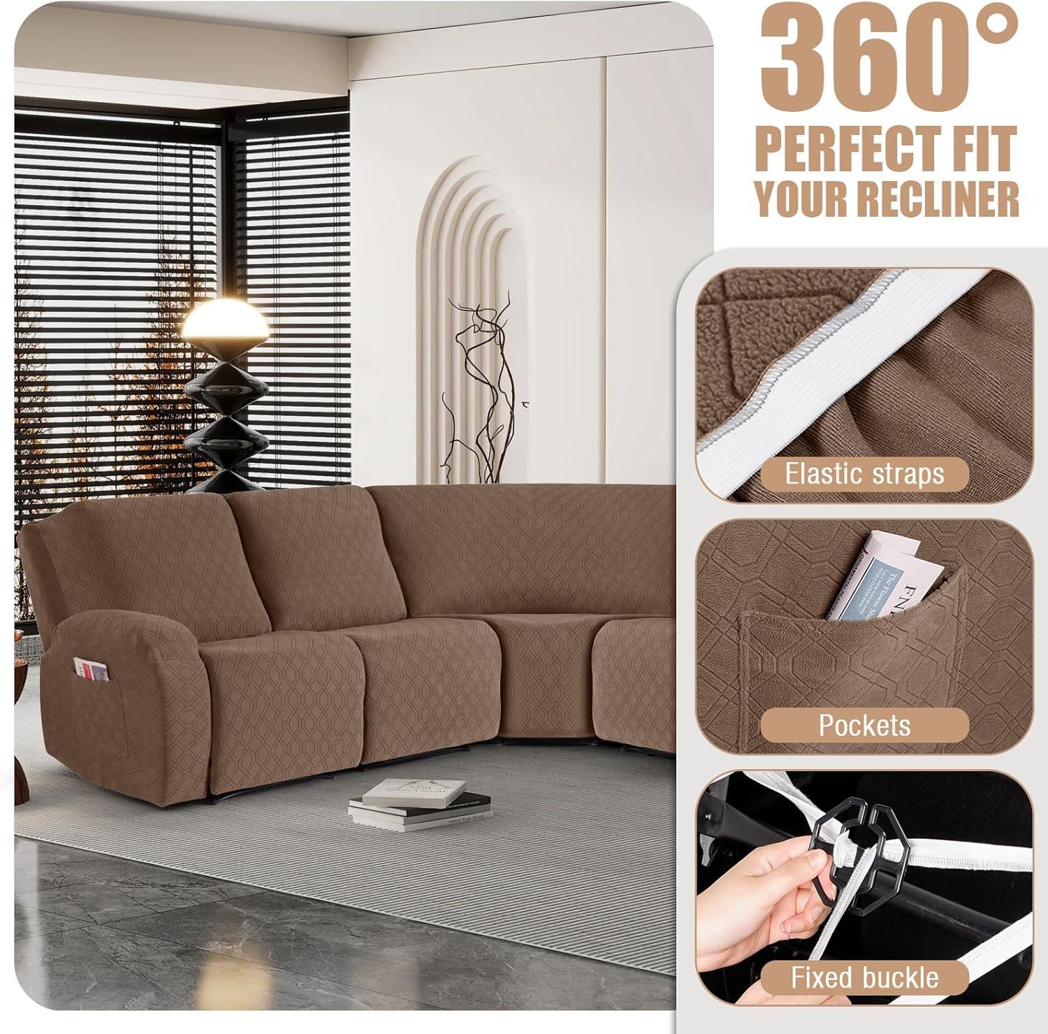 5-Pieces Recliner Corner Sectional Sofa Slipcovers- Oversized Box Cushion Reclining Sofa Covers for L Shaped Couch with Pockets ( 5 Seater)