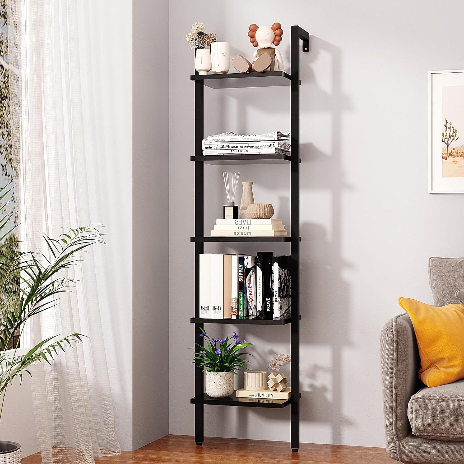 Black Metal Frame 5-Tier Ladder Bookshelf with Wooden Shelves