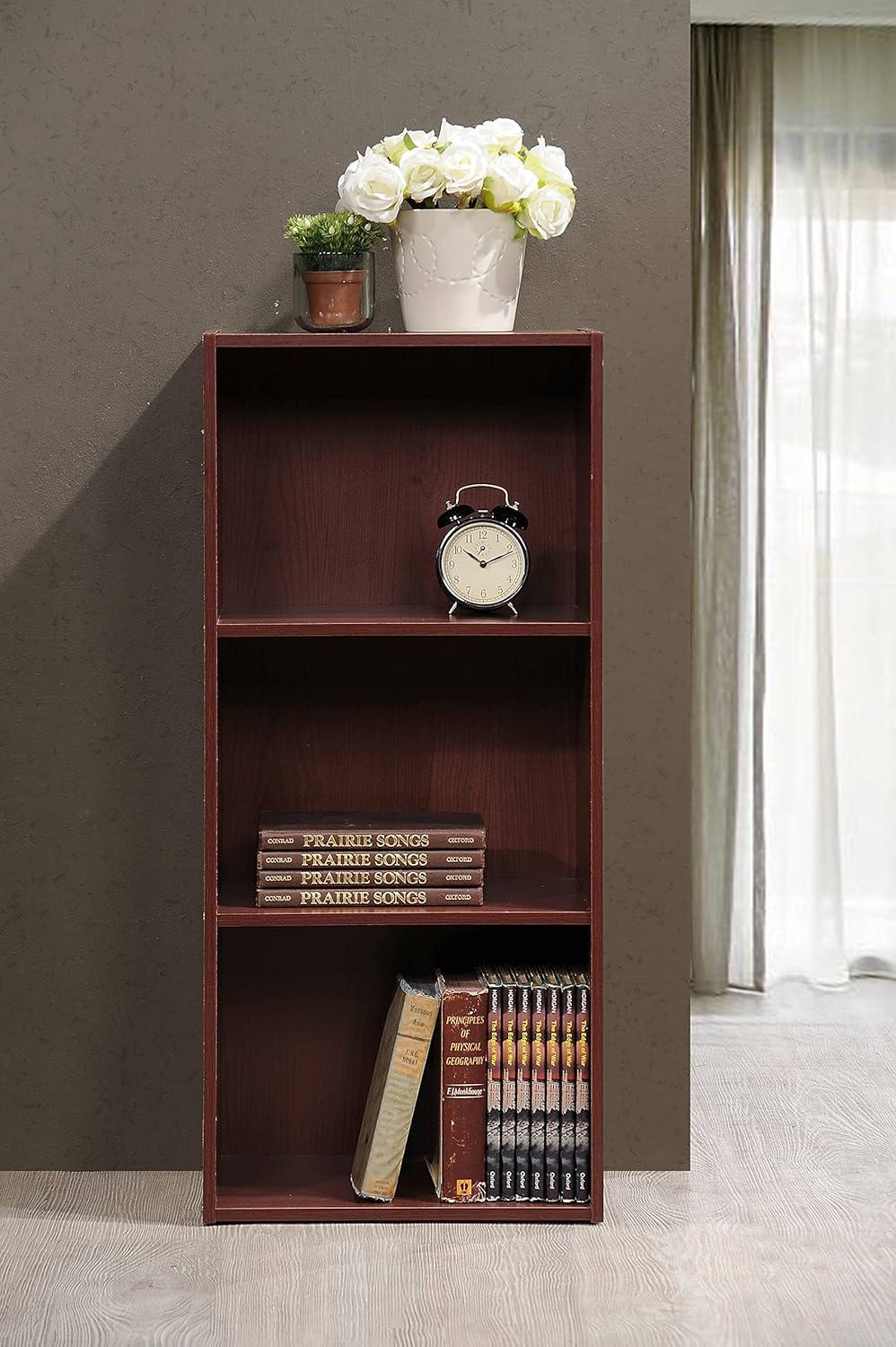 Hodedah HID23 High Quality 3 Shelf Home, Office, and School Organization Storage 35.67 Inch Tall Slim Bookcase Cabinets to Display Decor, Mahogany