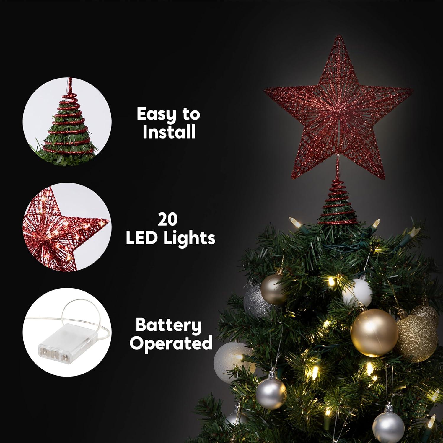 Red Glitter Metal Star Christmas Tree Topper with LED Lights