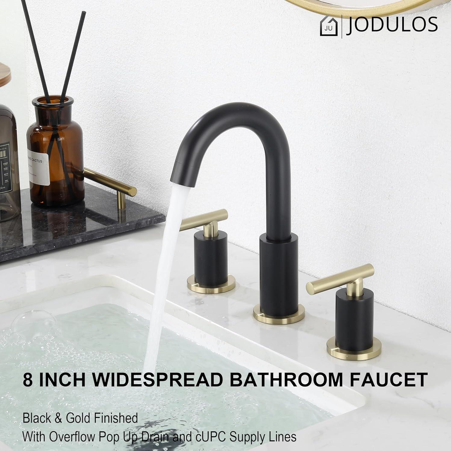 8-Inch Widespread Black and Gold Stainless Steel Bathroom Faucet