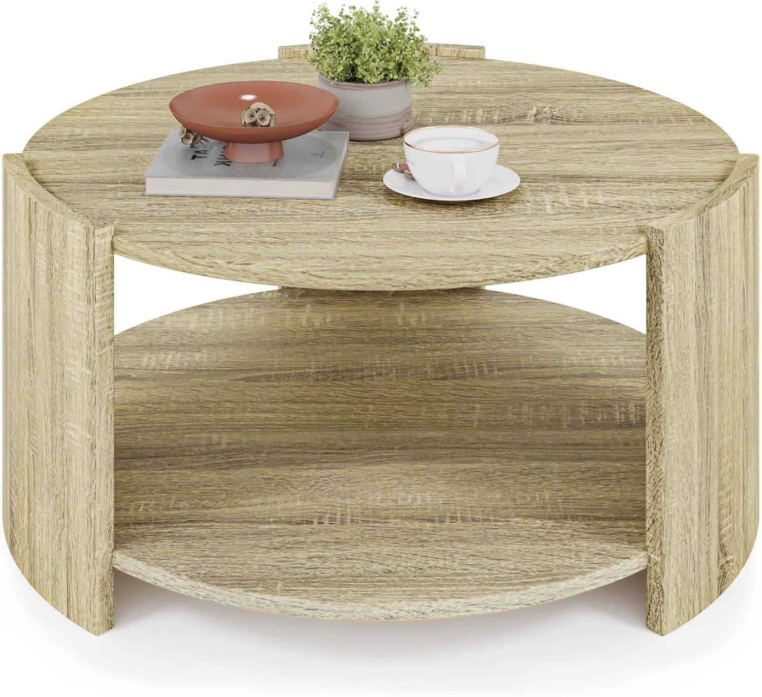 Ebern Designs Michaelee Round Coffee Table, 36" Rustic Modern Circle Coffee Tables with 2 Tier Storage Shelf, Cocktail Table for Living Room Apartment