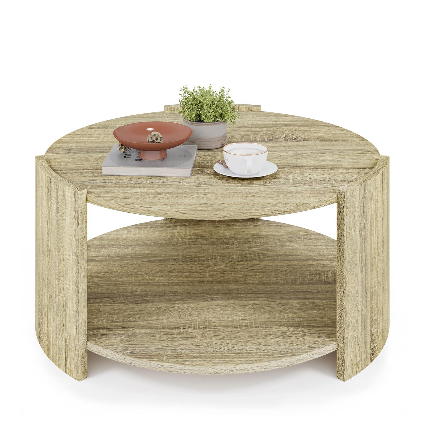 Ebern Designs Michaelee Round Coffee Table, 36" Rustic Modern Circle Coffee Tables with 2 Tier Storage Shelf, Cocktail Table for Living Room Apartment
