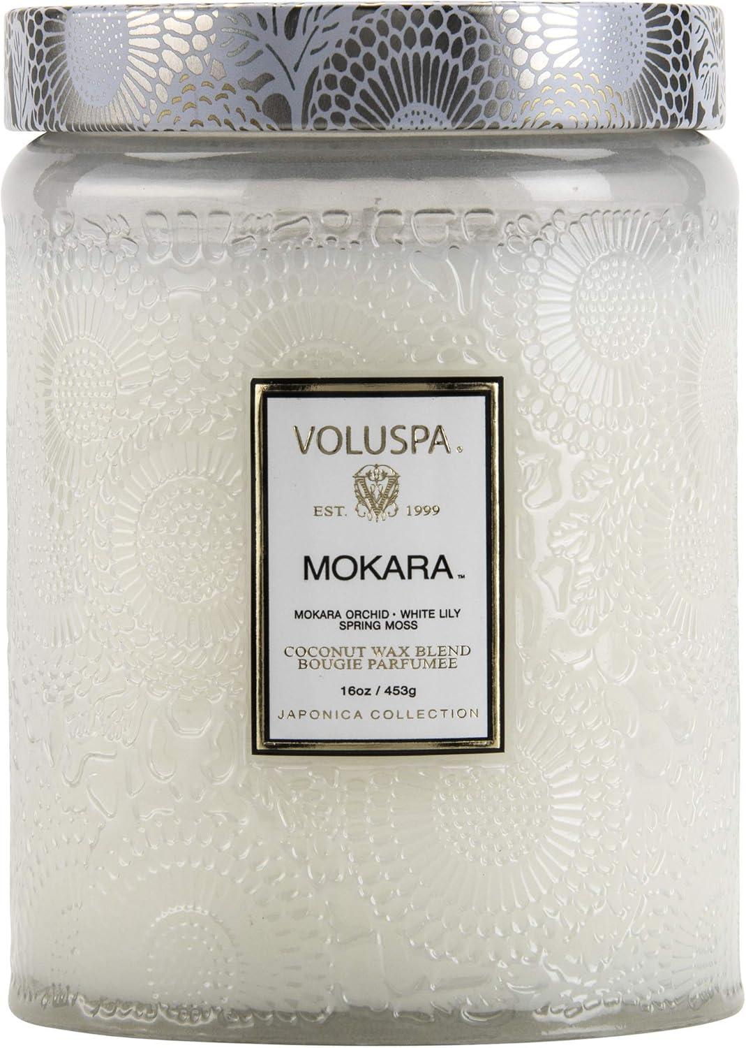 Mokara White Embossed Glass Jar Candle, 18oz