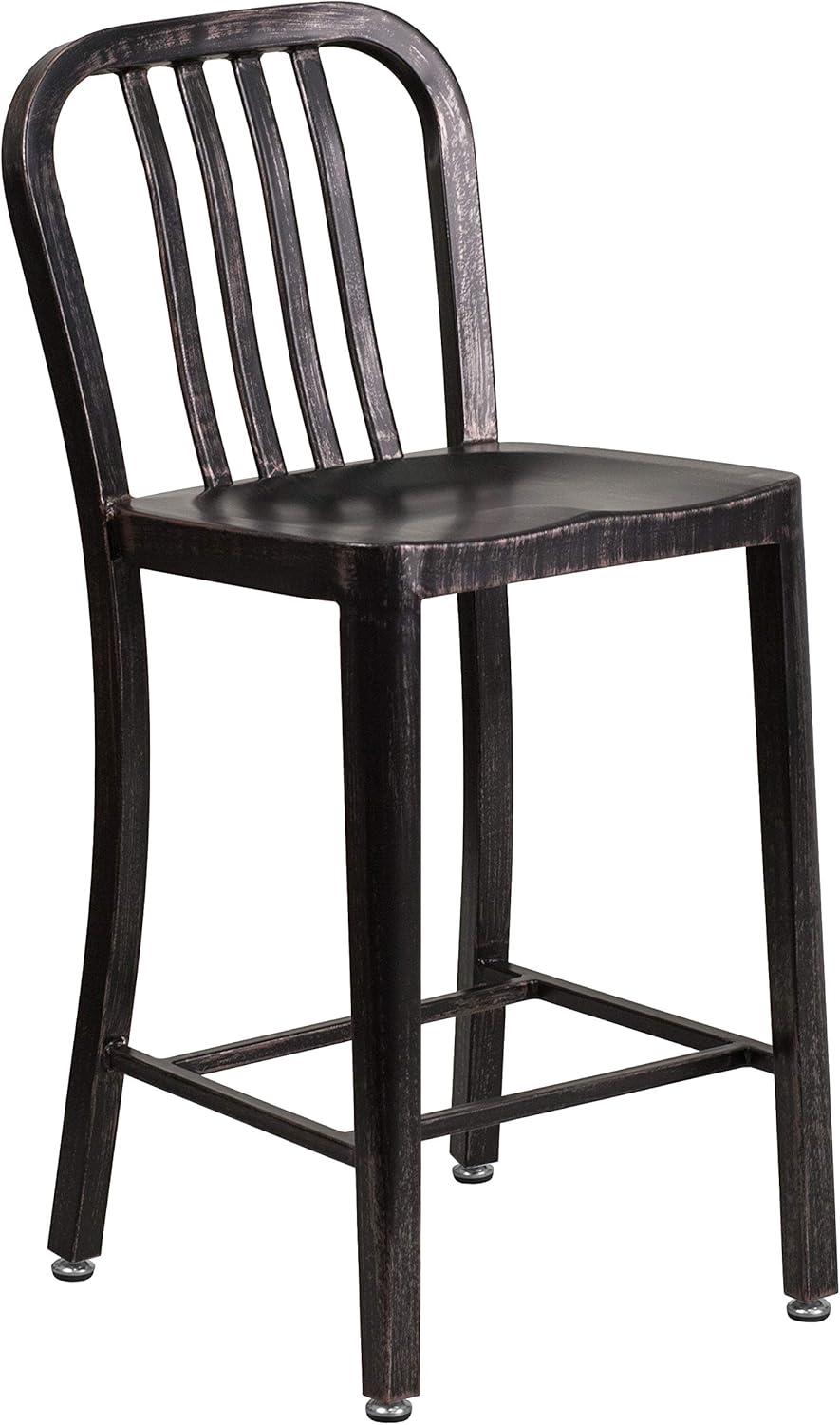 Flash Furniture Commercial Grade 24" High Black-Antique Gold Metal Indoor-Outdoor Counter Height Stool with Vertical Slat Back