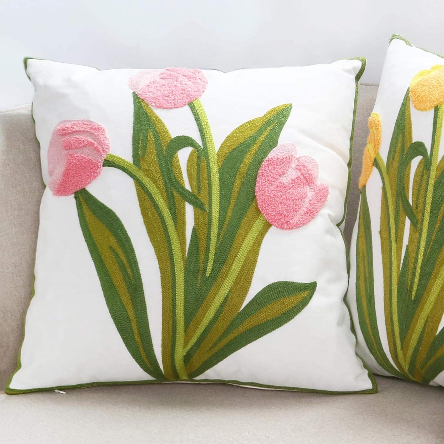 Embroidery Throw Pillow Cover 18x18 Home Decor Tulip Flower Loop Embroidered Floor Pillow Cover for Couch 100% Cotton Canvas Pillow Case Floral Cushion Cover 45x45cm, Pink Tulip, 1 Piece