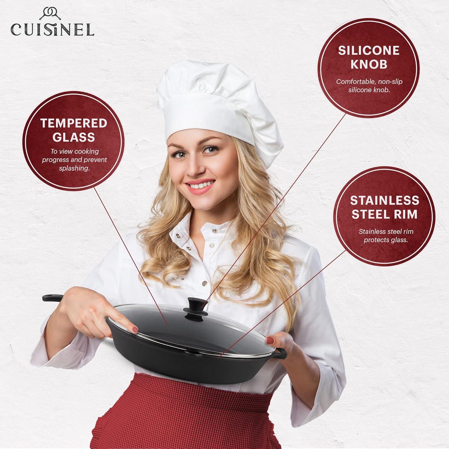 Cuisinel Cast Iron Skillet + Glass Lid + Pan Scraper - 15"-Inch with Cover + Heat-Resistant Silicone Handle Grip