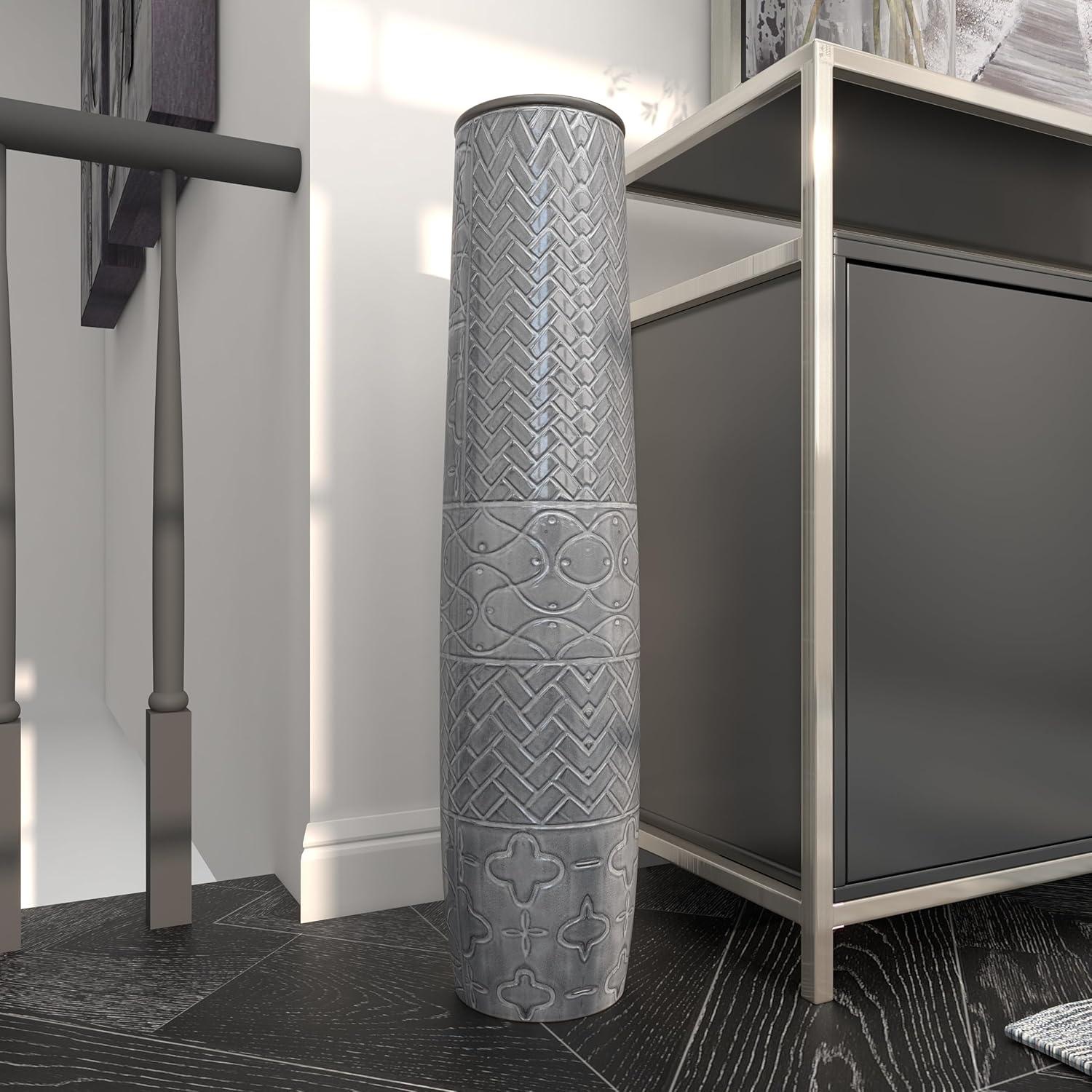 Ceramic Slim Engraved Patterned Decorative Gray Vase
