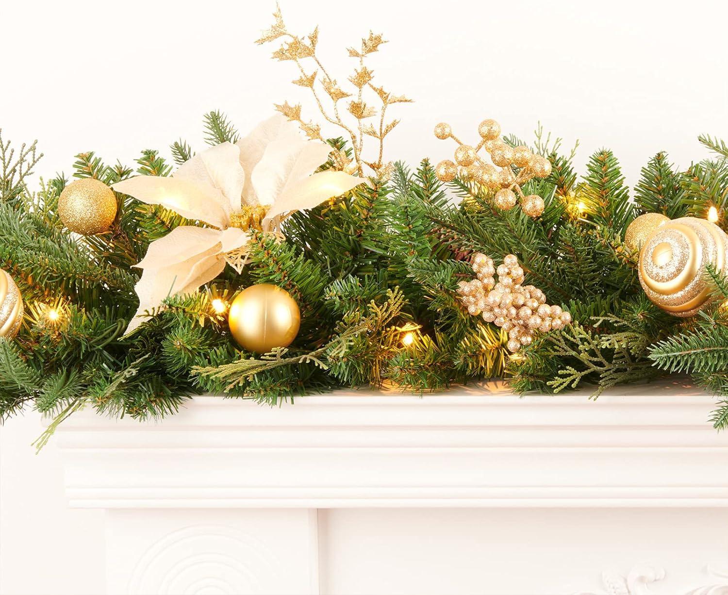 9FT Pre-Lit Christmas Garland with Gold Berries, Balls, Pine Cones, and Golden Flowers