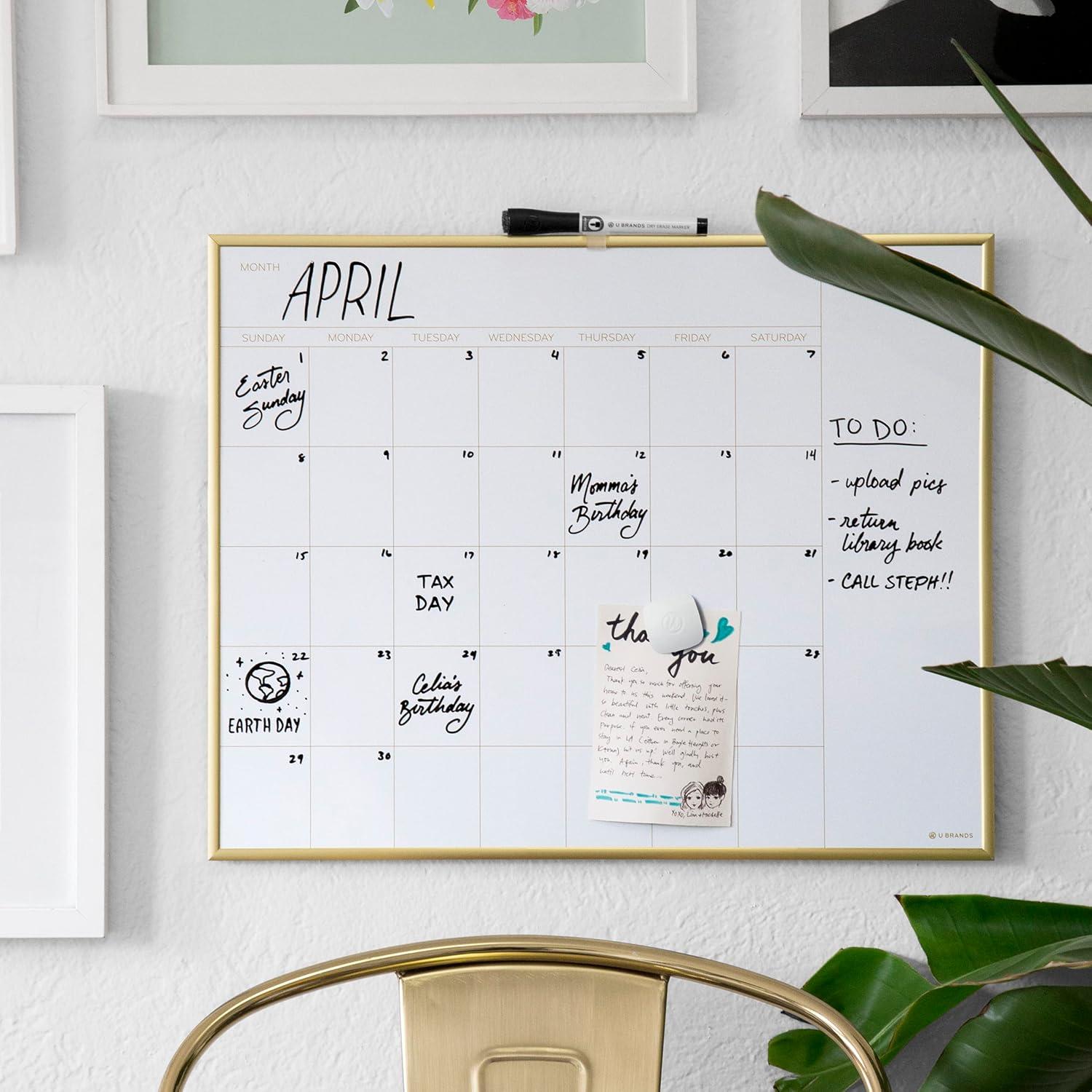 U Brands Magnetic Dry Erase Calendar White Board, 16" x 20", Gold Aluminum Frame, Includes Magnet and Marker