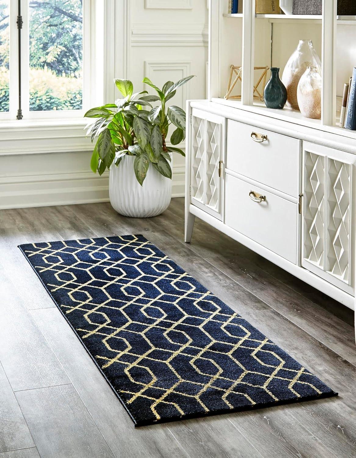 Regency Era Navy Blue & Gold Trellis Synthetic Runner Rug