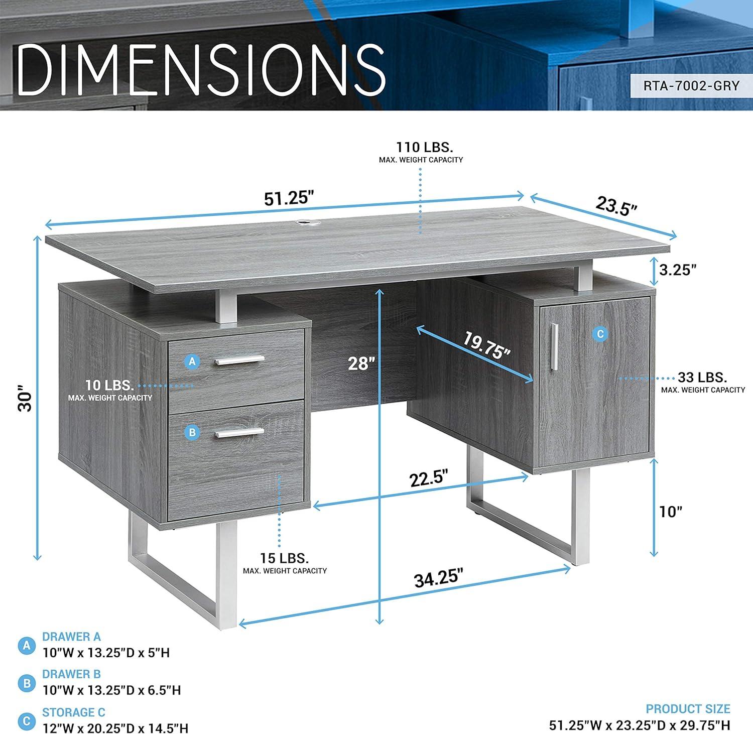 Modern Office Desk with Storage Gray - Techni Mobili: Sleek Metal Legs, File Cabinet, Floating Top