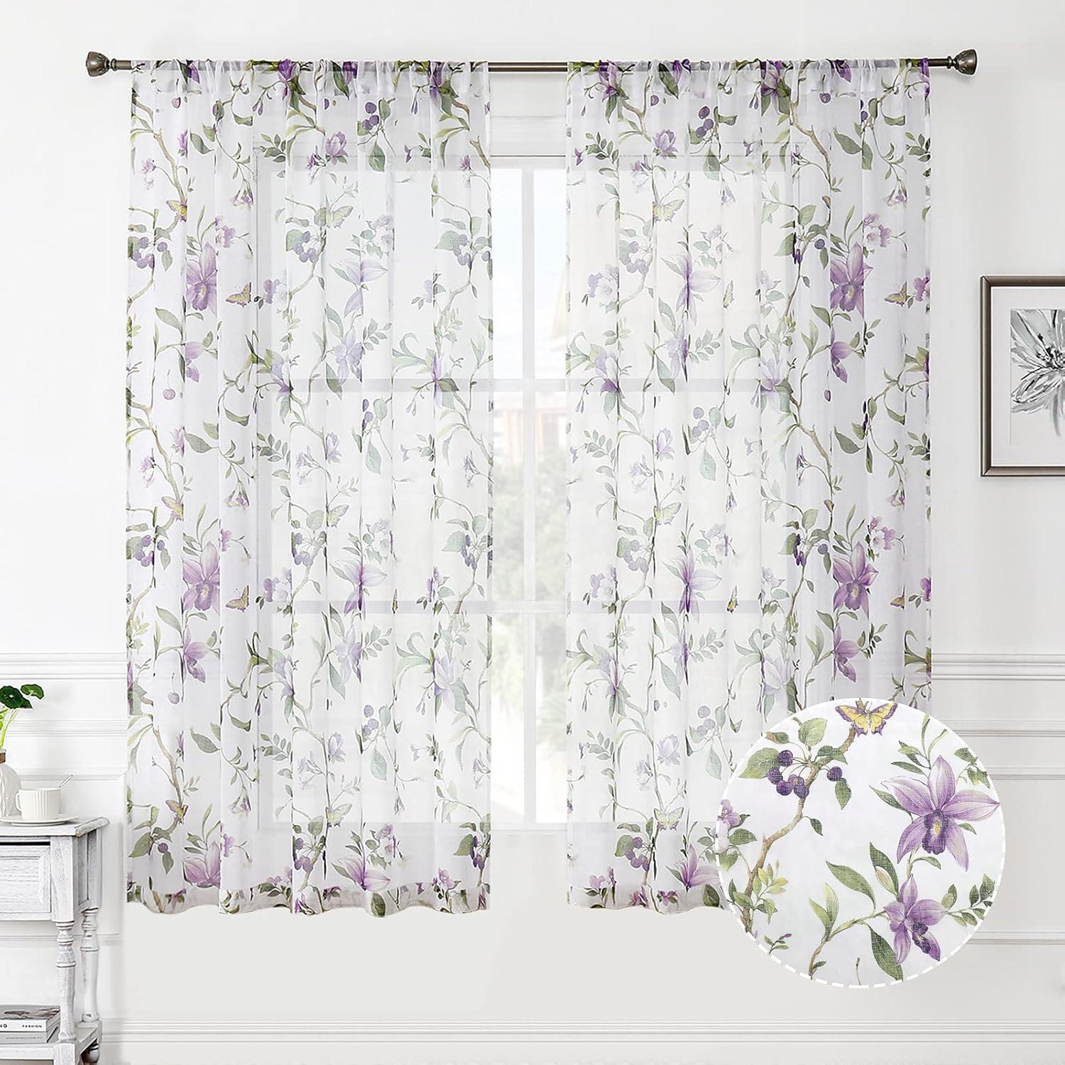 Tollpiz Floral Sheer Curtains Purple Cherry Flower Butterfly Print Living Room Curtain Rod Pocket Voile Linen Look White Sheer Curtains for Bedroom, 54 x 63 inches Long, Set of 2 Panels