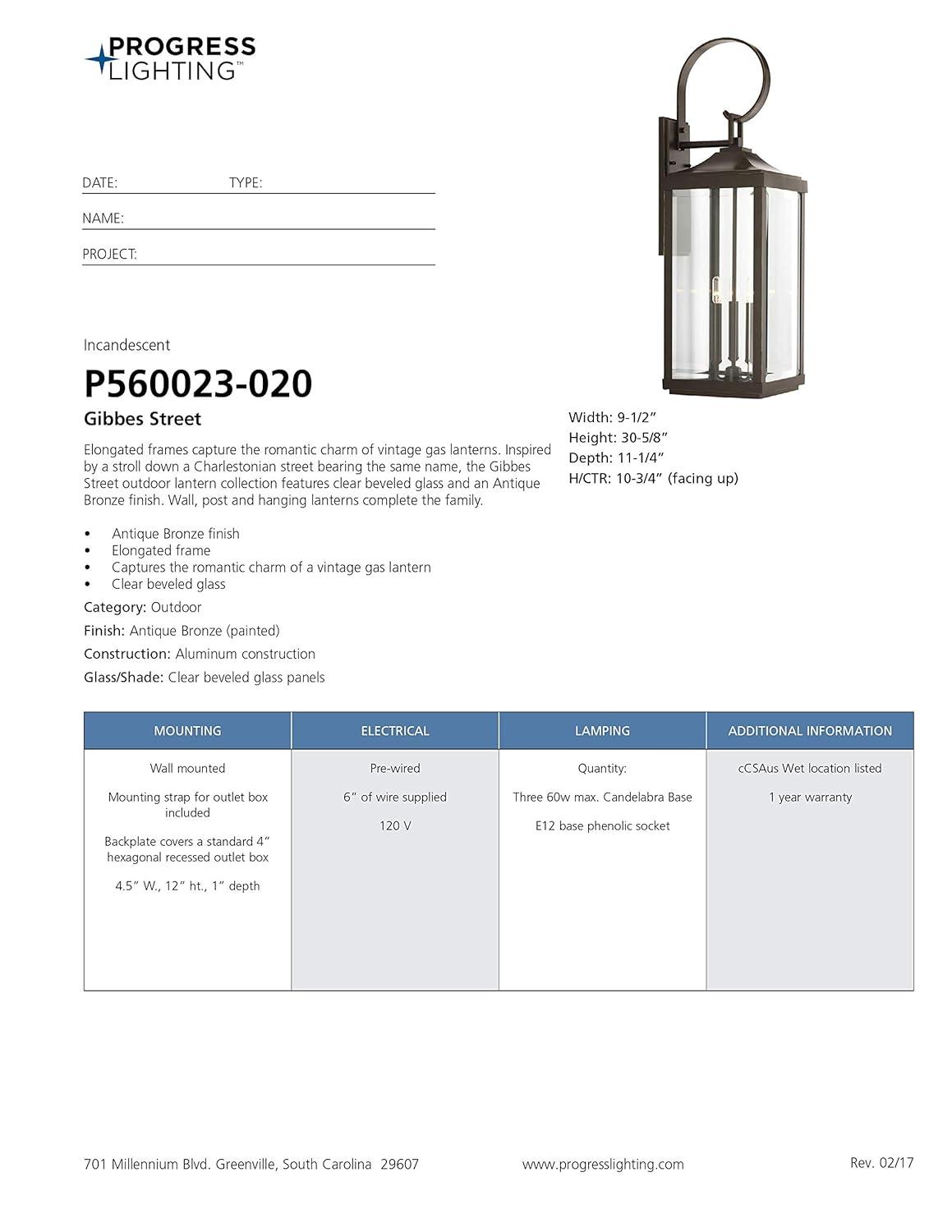 Progress Lighting Gibbes Street 3-Light Wall Lantern in Antique Bronze with Clear Beveled Glass Shade
