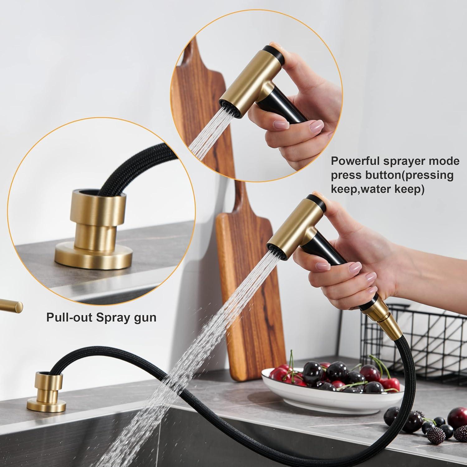Double Handle Bridge Kitchen Faucet in Brushed Gold, with Put Out Side Sprayer