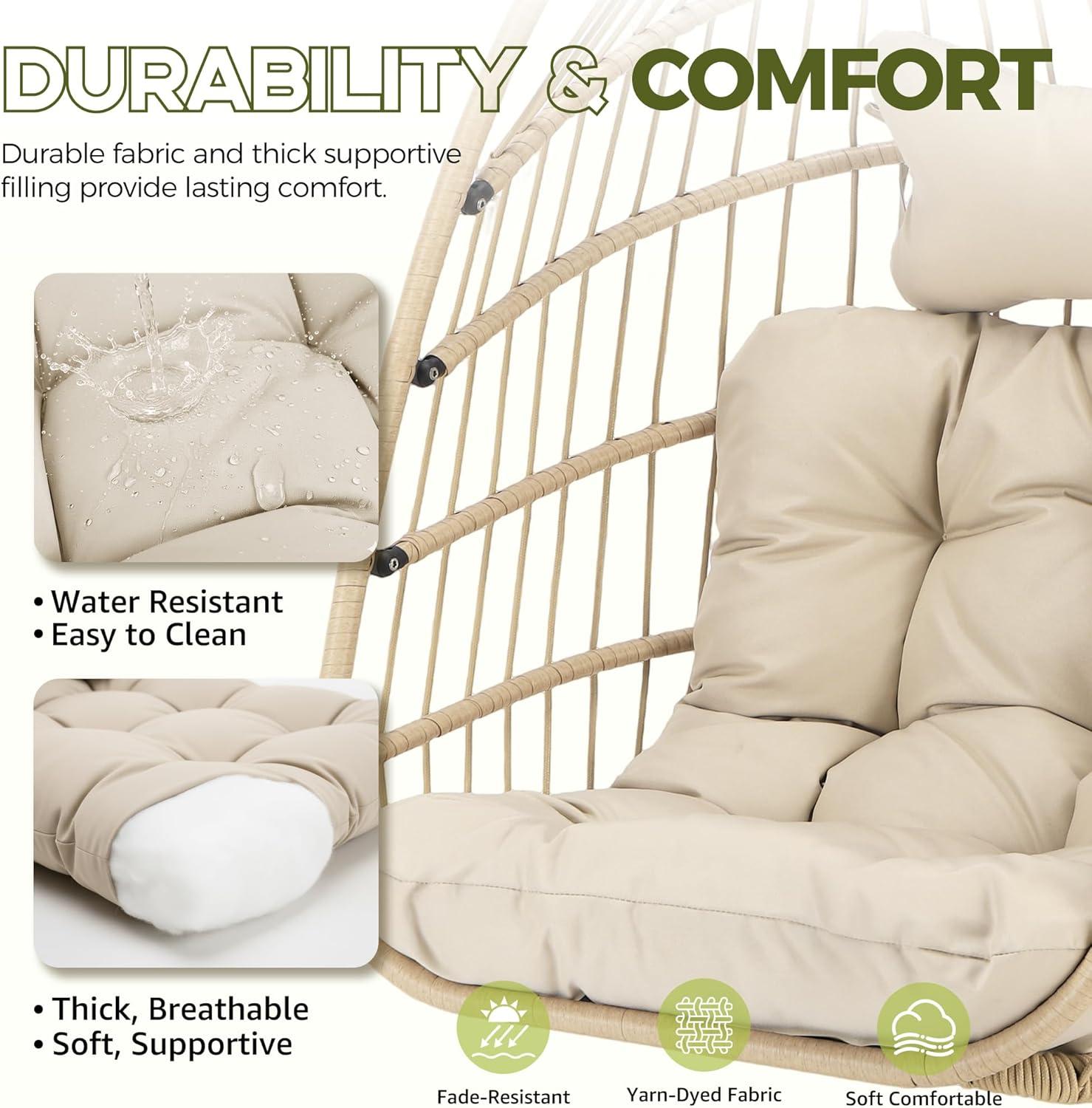 RADIATA Outdoor Foldable Hanging Egg Chair with Stand, PE Wicker Swing Chair with Cushion and Headrest, 350 lbs Capacity, Beige