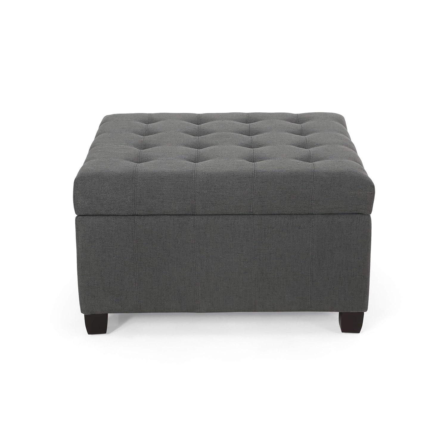 Isabella Contemporary Tufted Fabric Storage Ottoman Dark Gray/Dark Brown - Christopher Knight Home: Upholstered Bench with Wood Legs