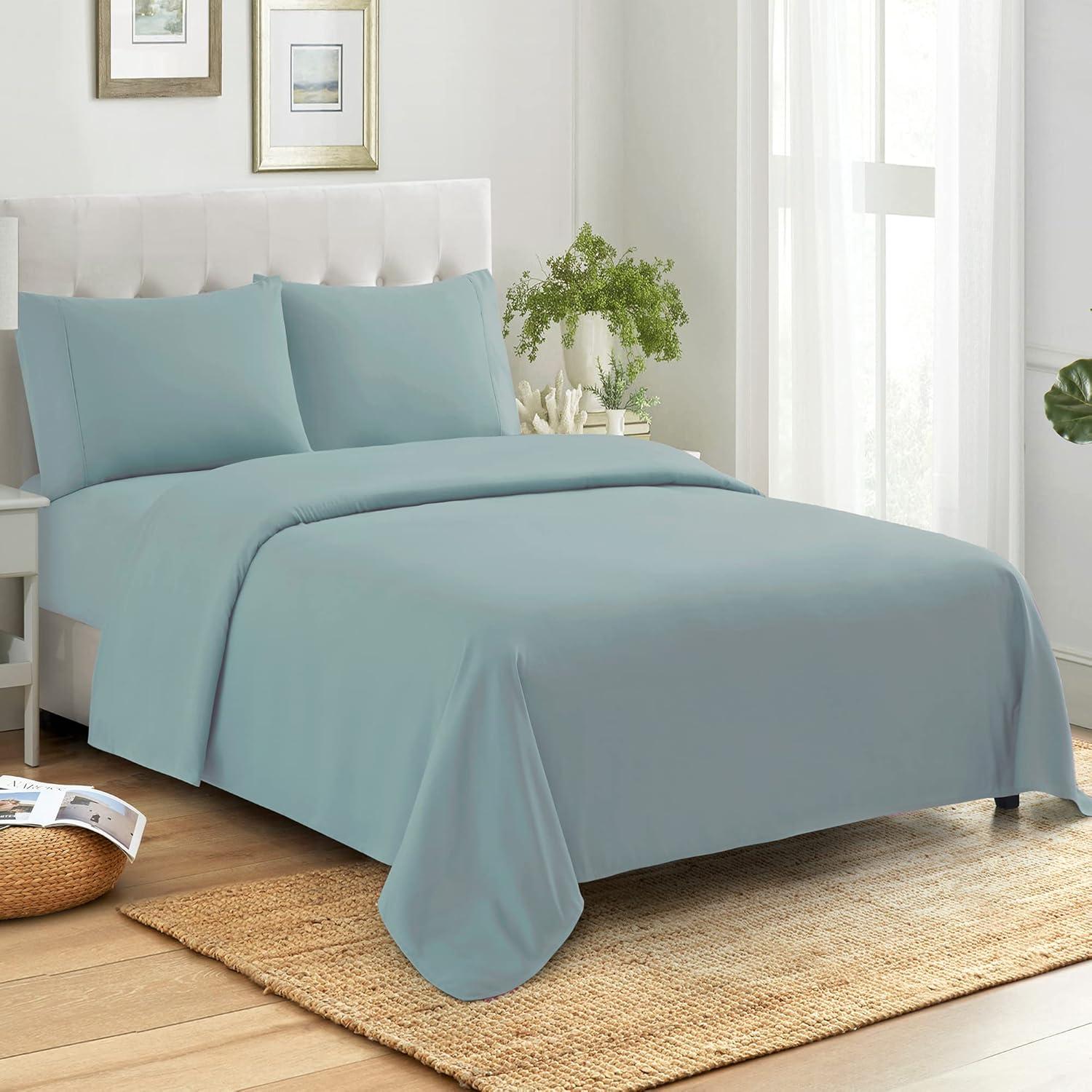 King Misty Blue Cotton Percale Sheet Set