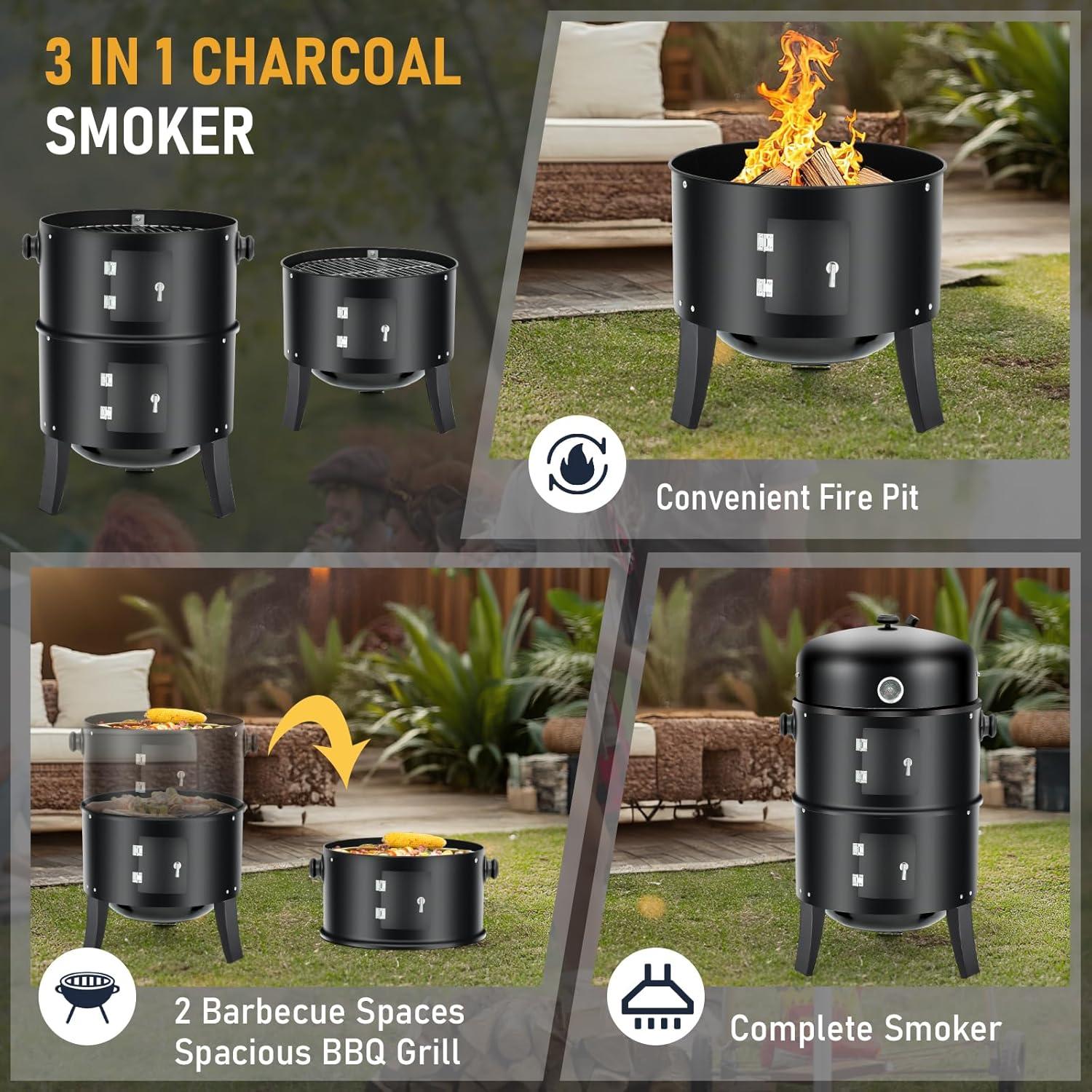 Yunwen 31.5" Charcoal Smoker Grill 3-in-1 Vertical Heavy Duty Charcoal BBQ Smoker Grill