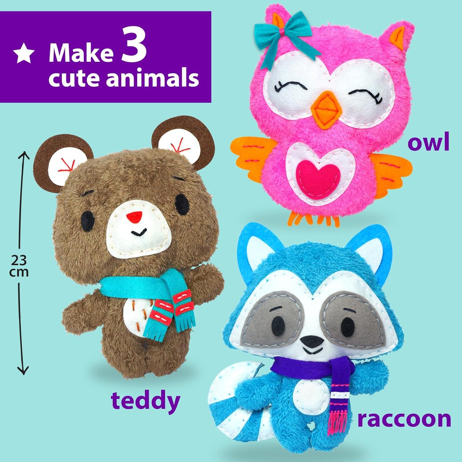 Kids' Teddy, Raccoon, and Owl Sewing Kit with Plush Felt