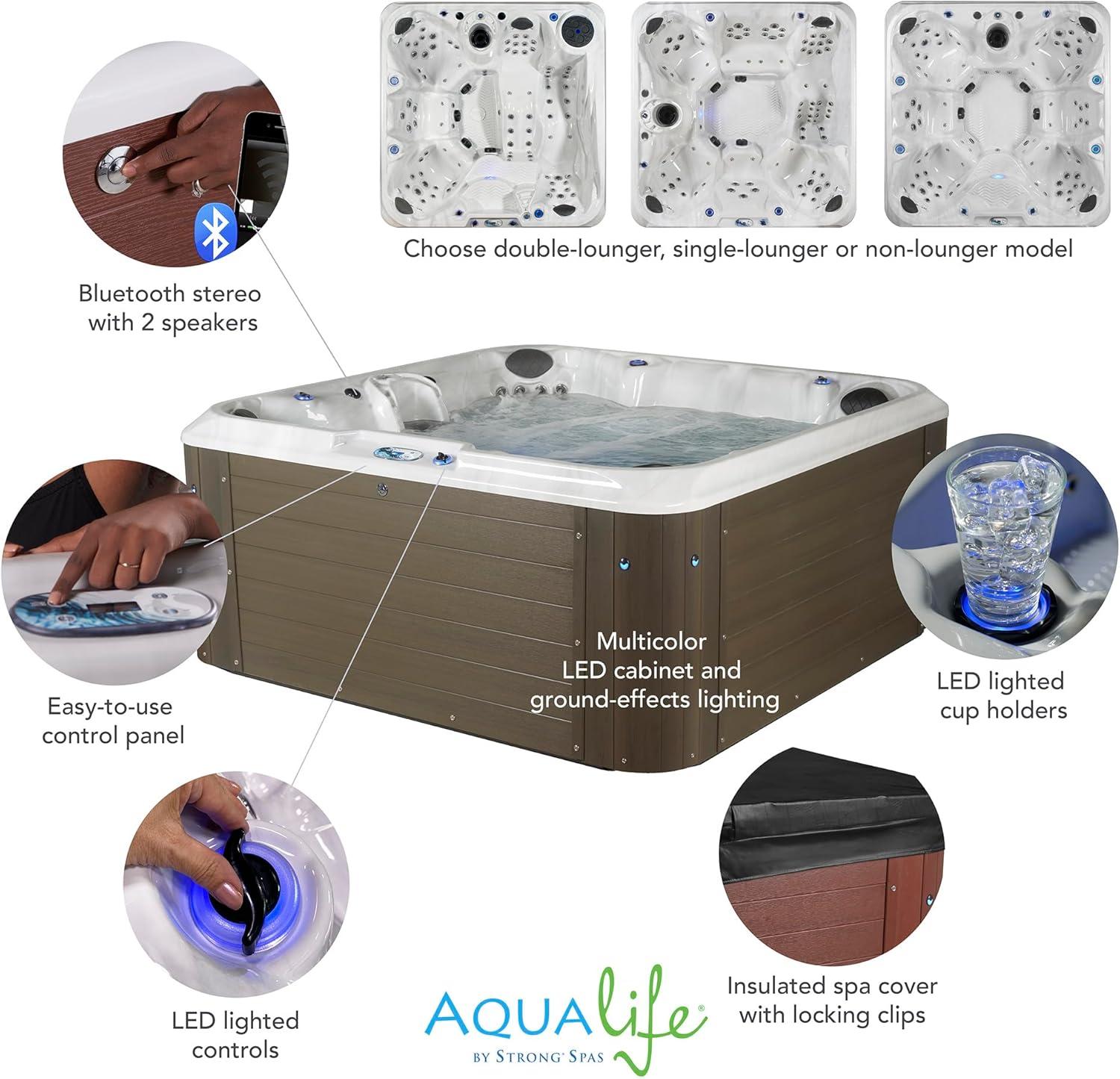 Amplified 6-Person 100-Jet Double-Lounger Hot Tub Spa with Bluetooth Stereo, 3 Pumps, LED Lighting, Stainless Steel Heater and Ozonator, Insulated Cover and Steps Included