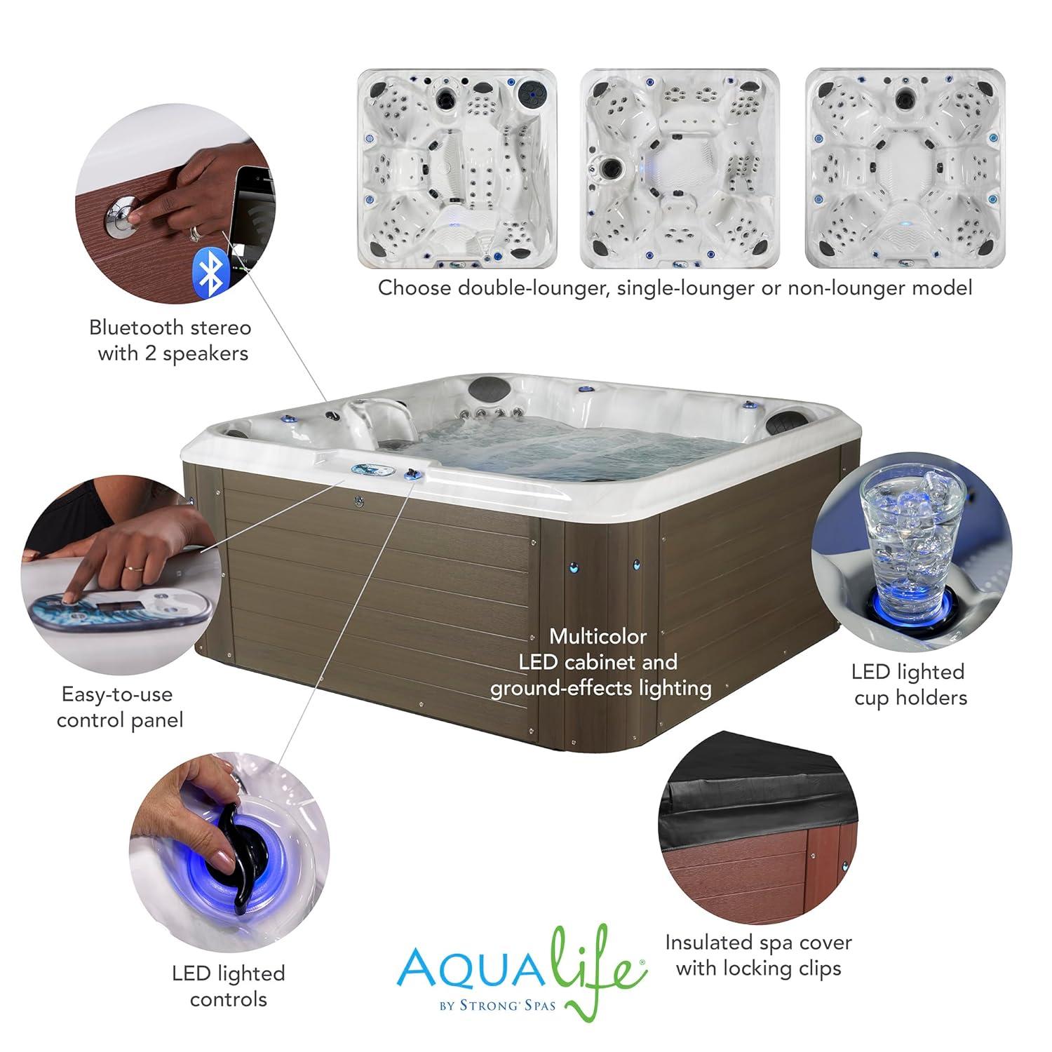 Amplified 6-Person 100-Jet Double-Lounger Hot Tub Spa with Bluetooth Stereo, 3 Pumps, LED Lighting, Stainless Steel Heater and Ozonator, Insulated Cover and Steps Included